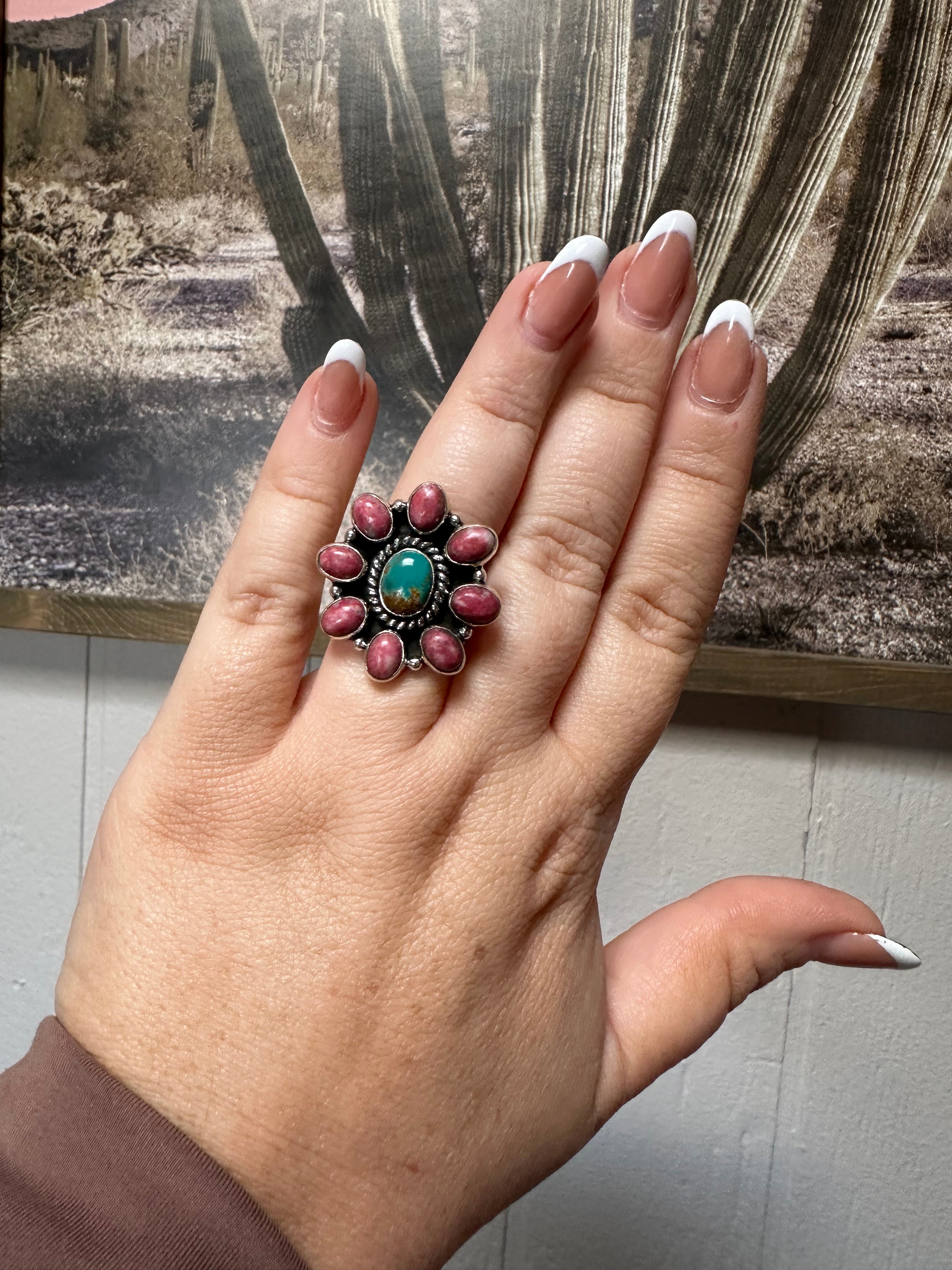 Handmade Rhodonite, Turquoise & Sterling Silver Adjustable Ring Signed Nizhoni