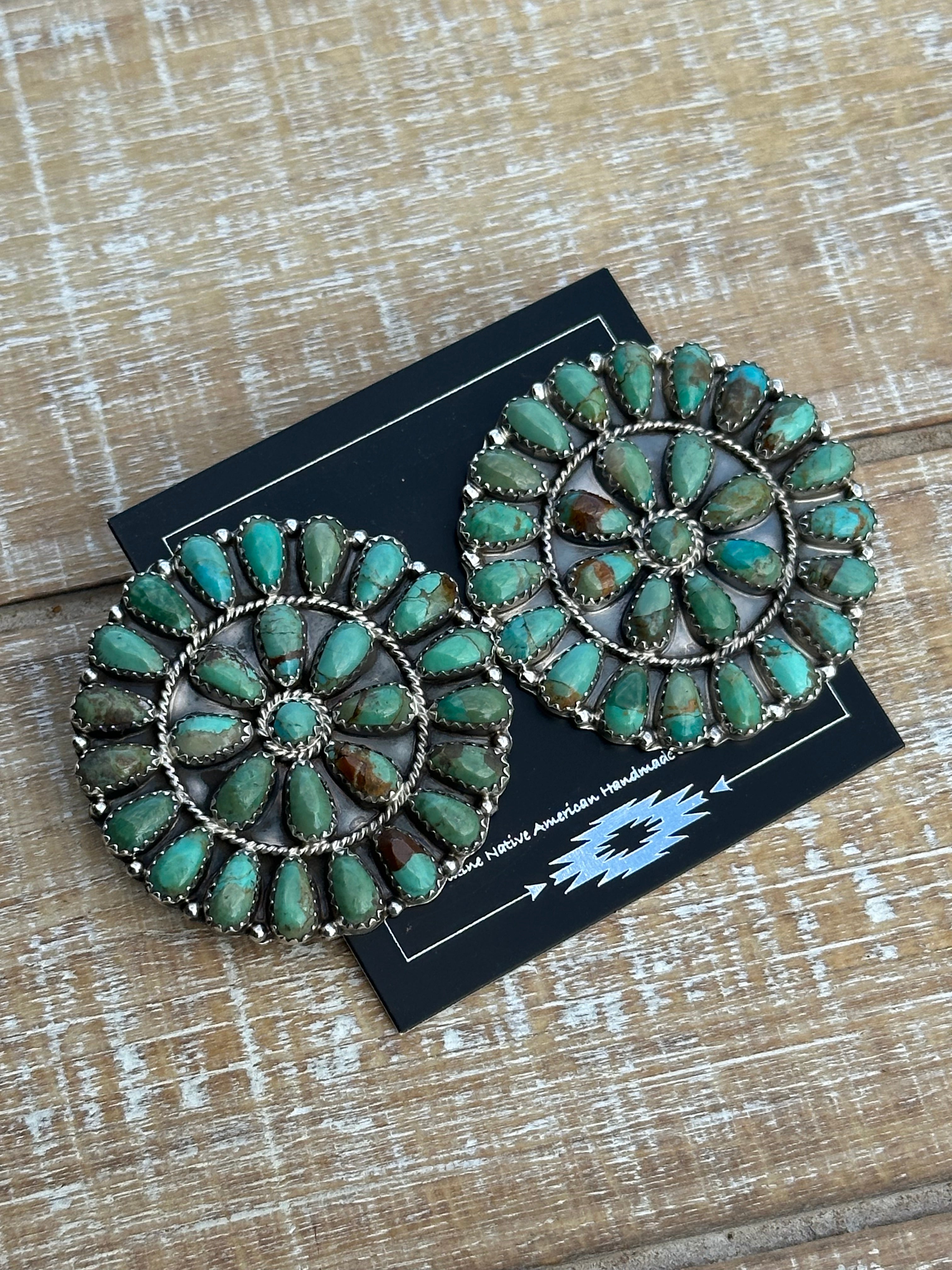 Navajo Sterling Silver & Royston Turquoise Cluster Earrings Signed