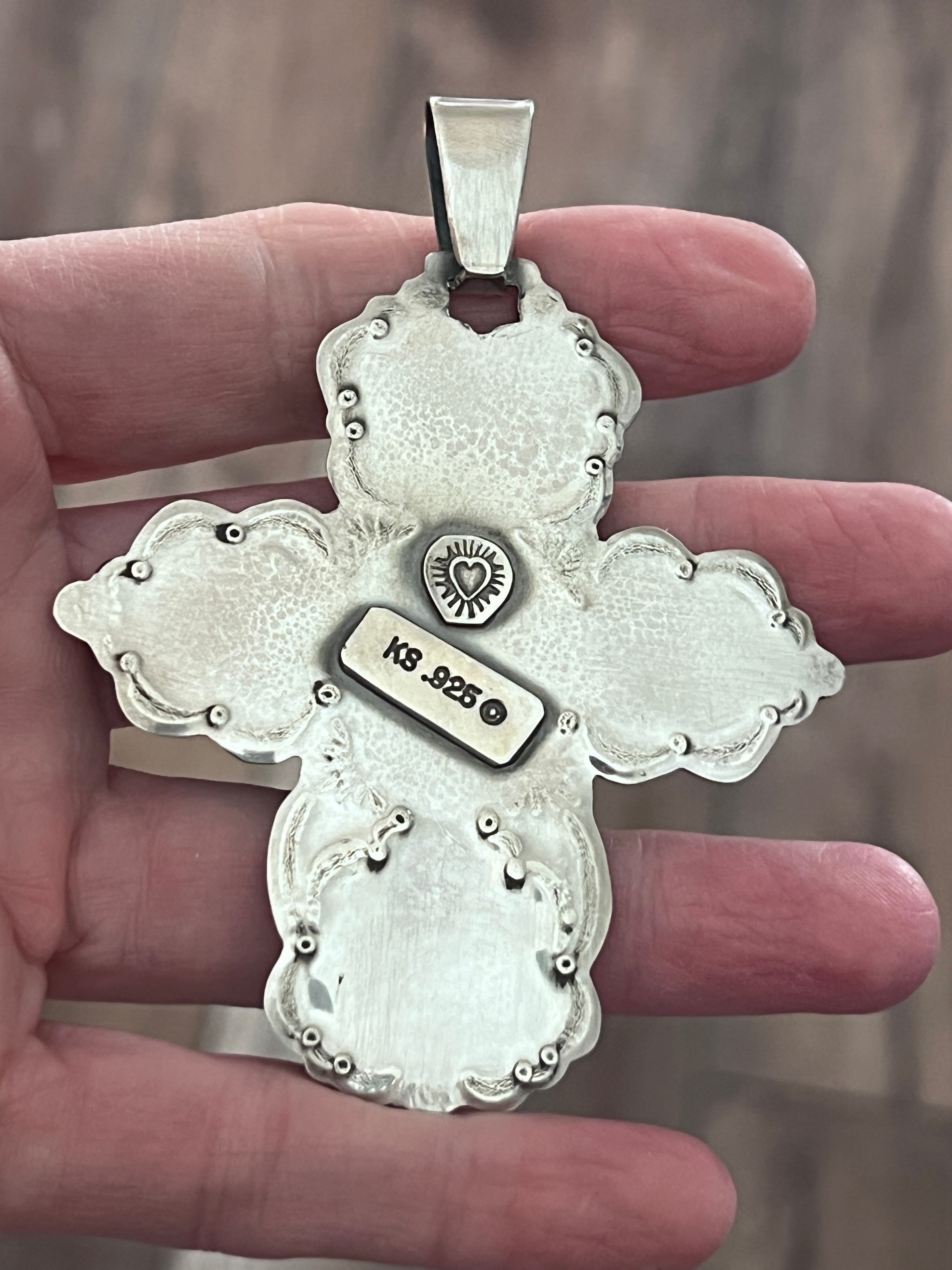 Hand Stamped Sterling Silver, Pilot Mountain Turquoise & Spiny Oyster Cross Pendant by Kimari Somers