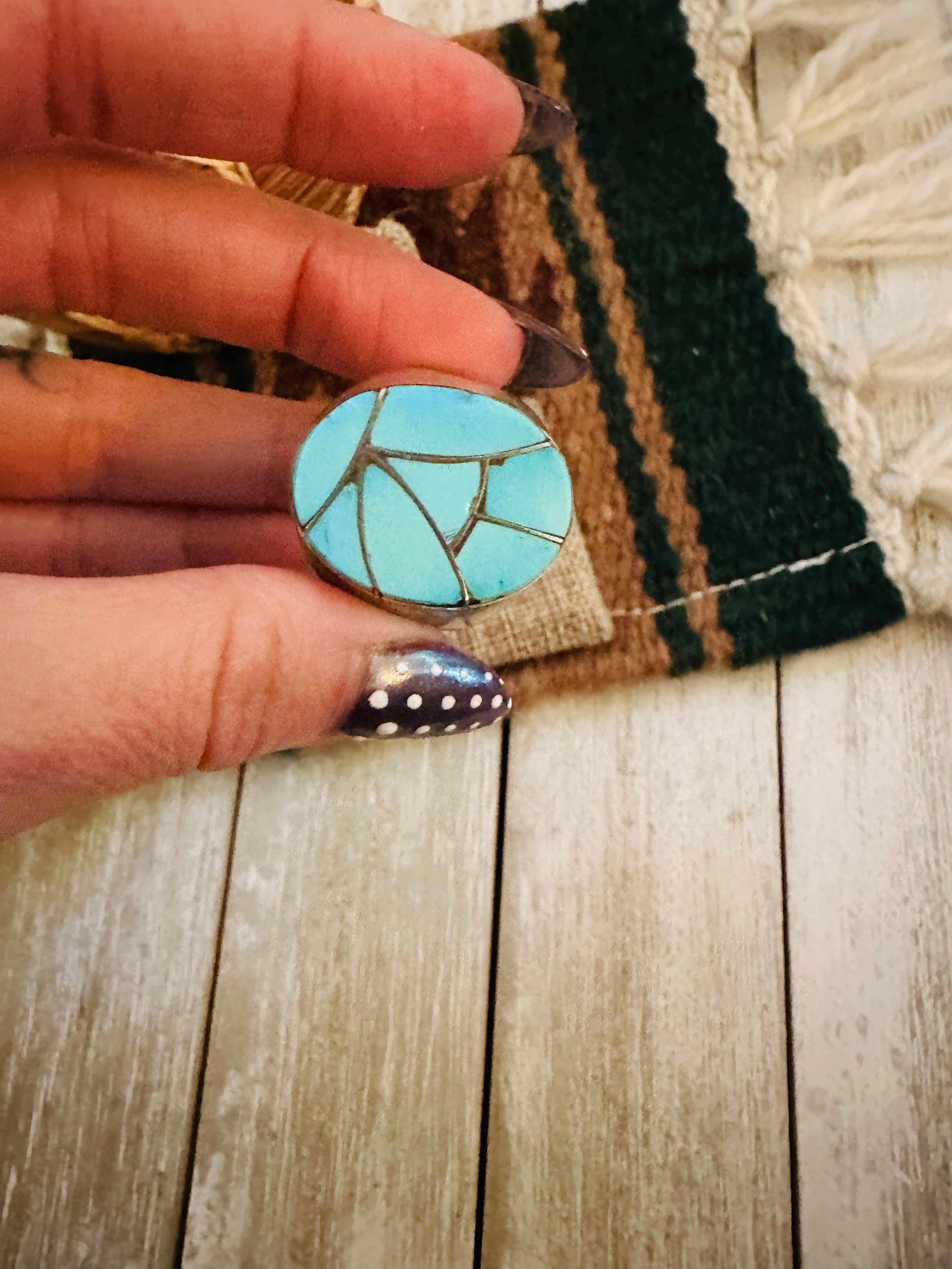 Old Pawn Handcrafted Turquoise & Sterling Silver Inlay Ring Size 12.5