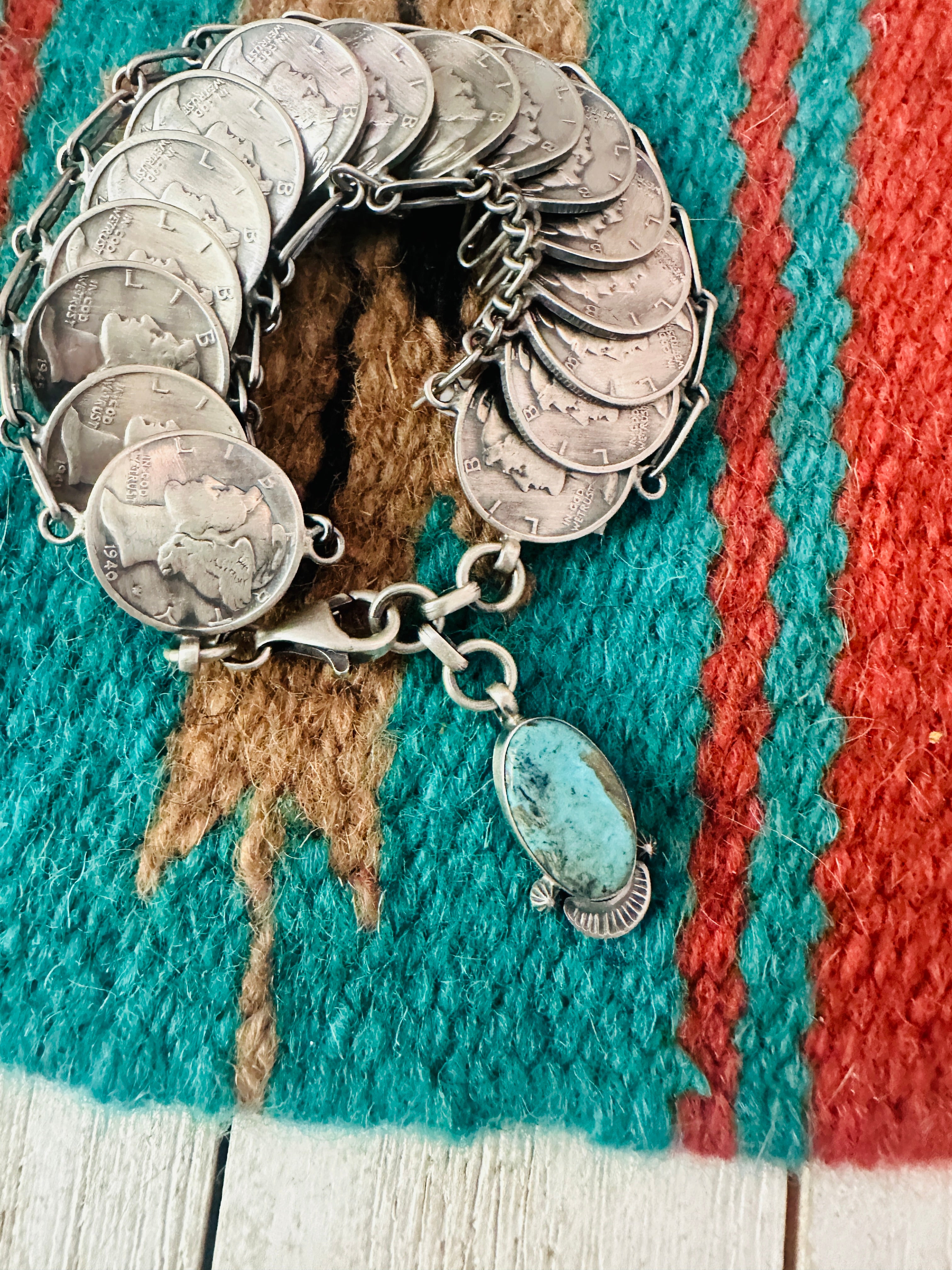 Navajo Turquoise & Sterling Silver Liberty Dime Bracelet By James McCabe