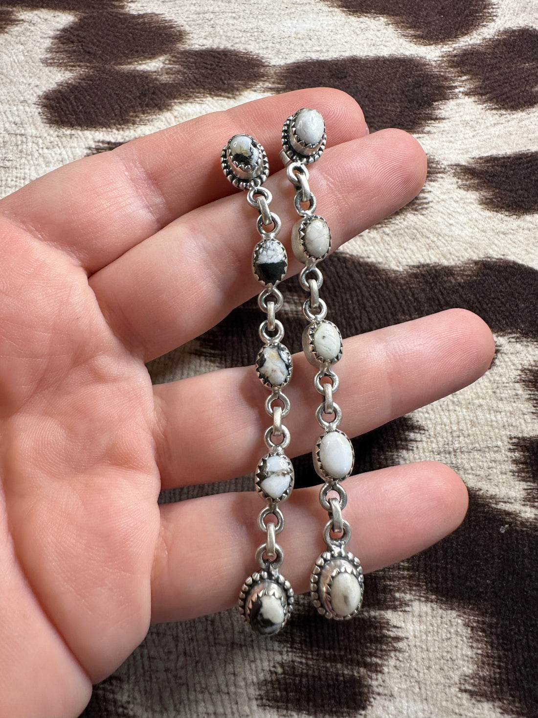 Handmade White Buffalo & Sterling Silver Dangle 5 Stone Earrings