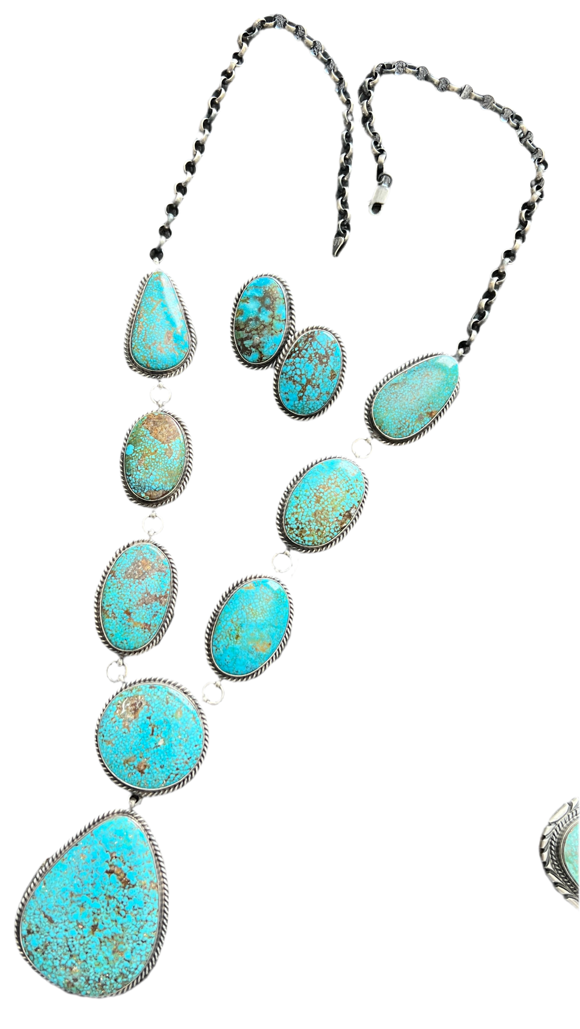 Handcrafted Sterling Silver and Birdseye Kingman Turquoise Y-Style Lariat Necklace and Earrings Set by Peggy Skeets