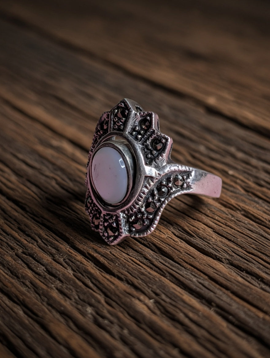Sterling Silver CZ Rotating Stone With Black Onyx & Mother Of Pearl Etched Ring Size 7