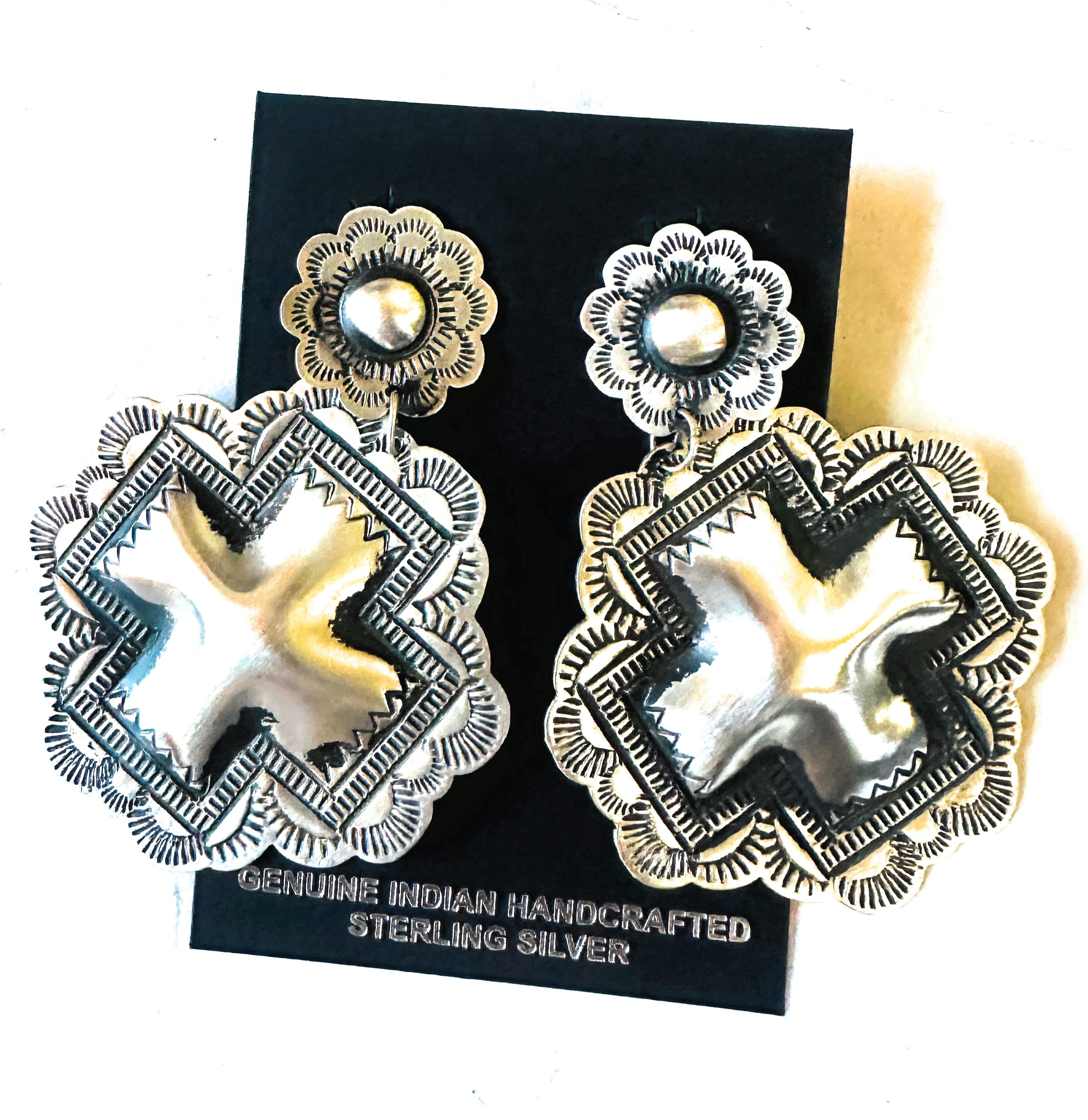 Navajo Hand Stamped Sterling Silver Concho Cross Dangle Earrings by Leander Tahe