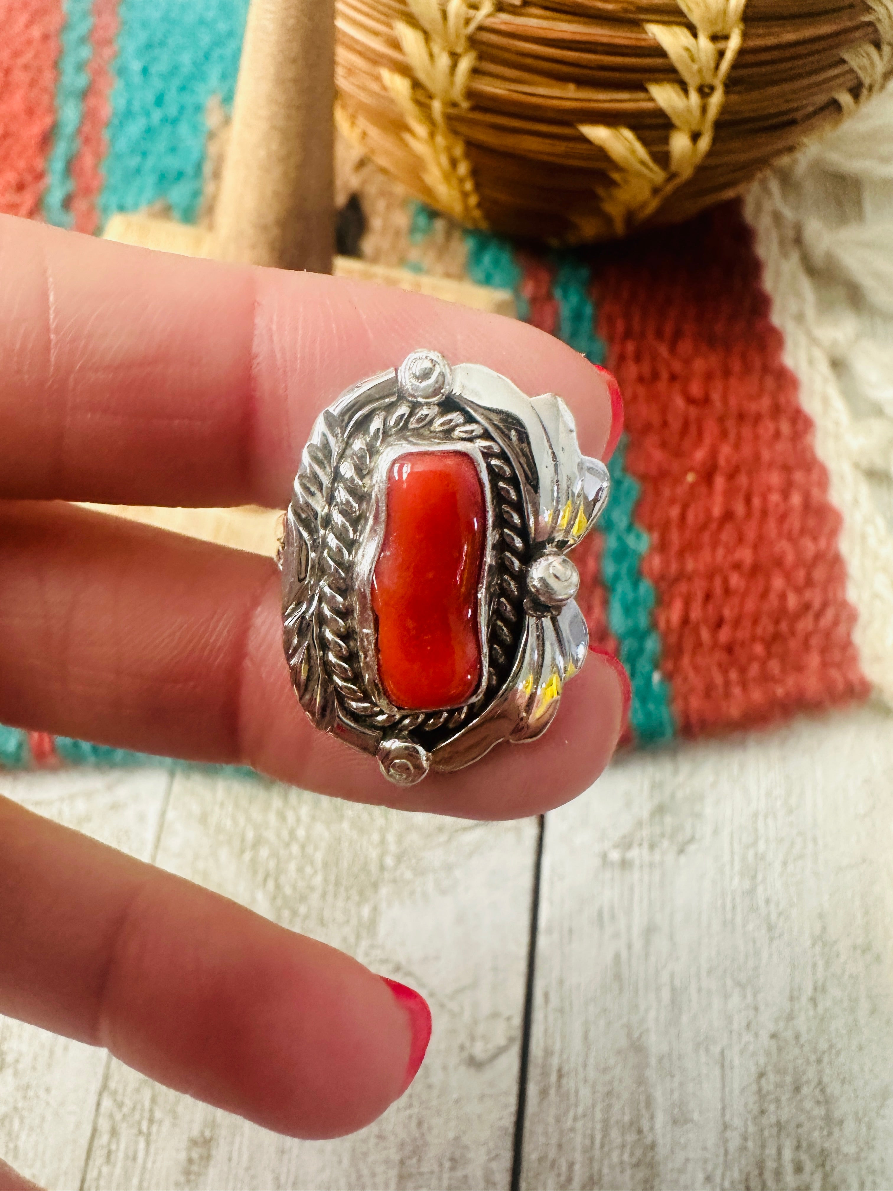 Navajo Coral & Sterling Silver Ring Size 5.5