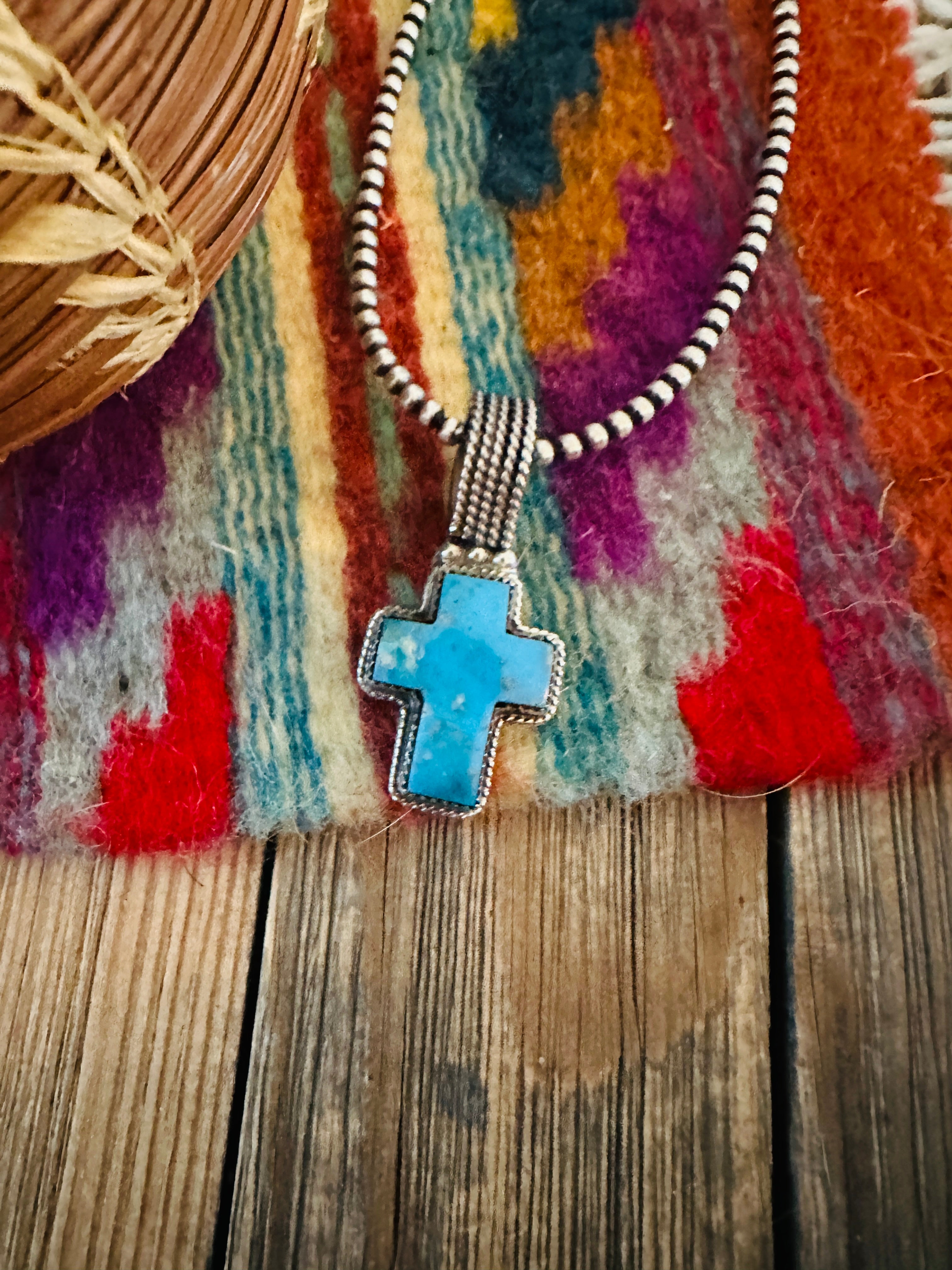 Handcrafted Sterling Silver & Turquoise Cross Pendant by Lawrence Archuleta