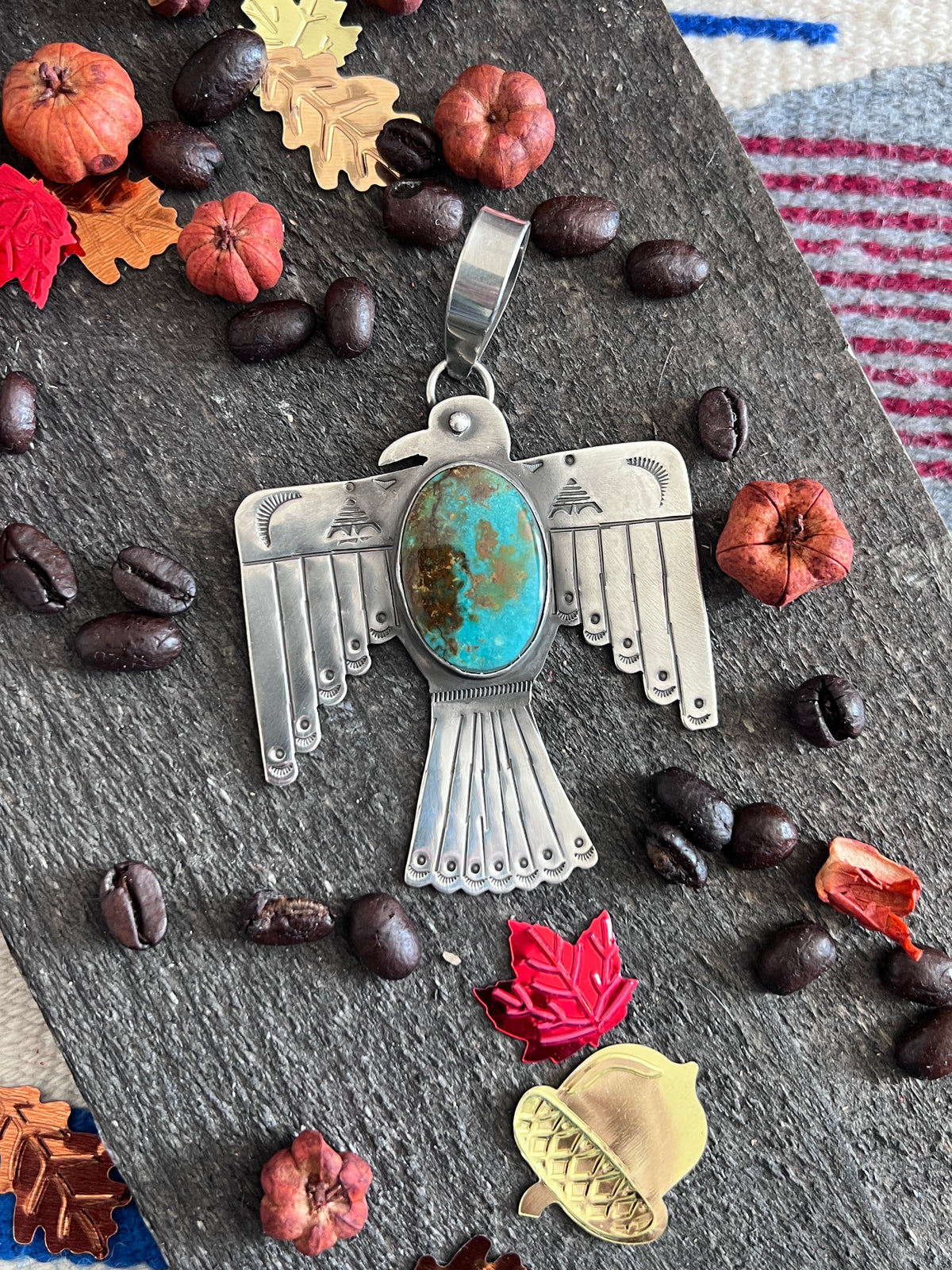 Kimari Somers Hand Stamped Sterling Silver & Royston Turquoise Thunderbird Pendant