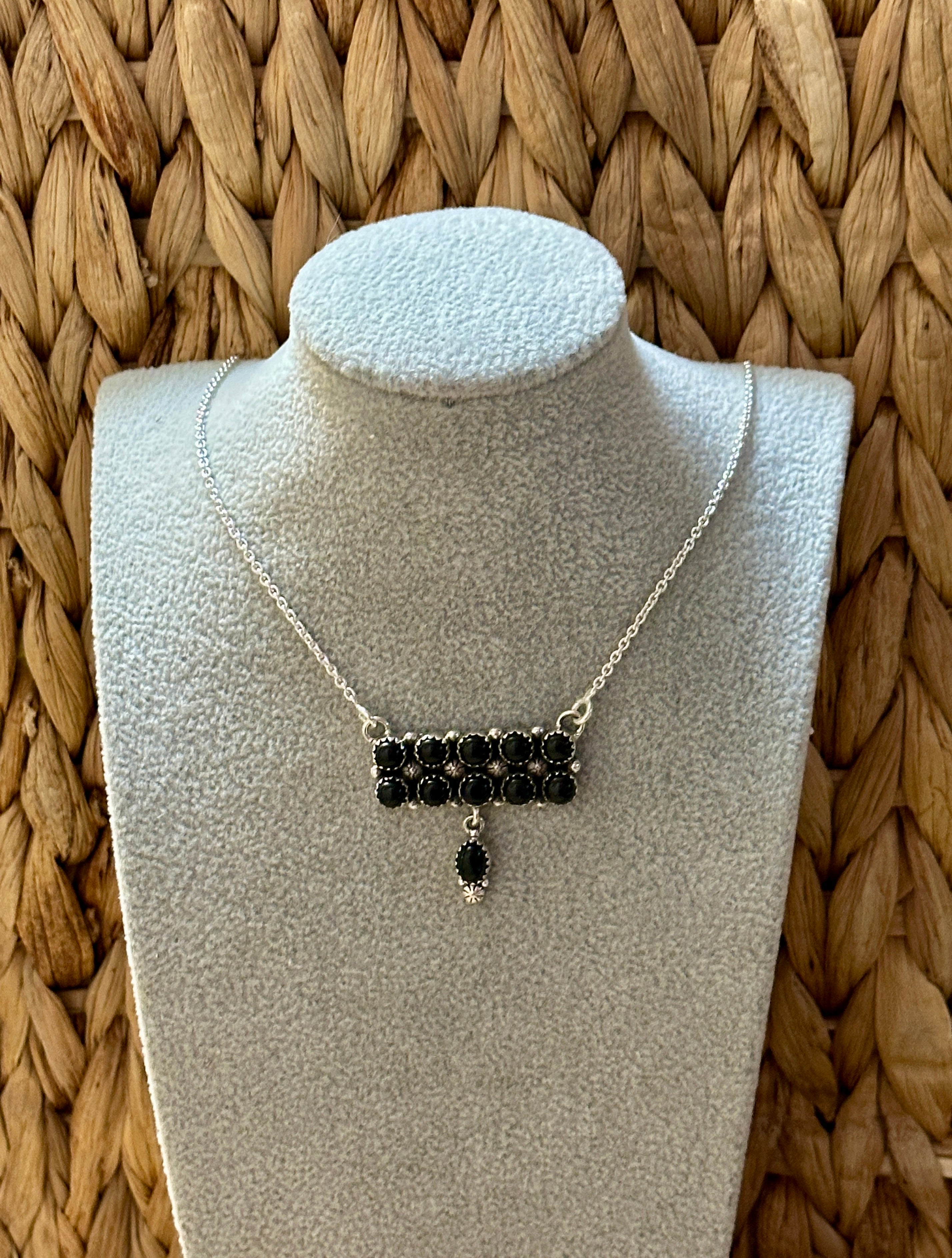 Handmade Sterling Silver & Black Onyx Tear Drop Dangle, Bar Necklace