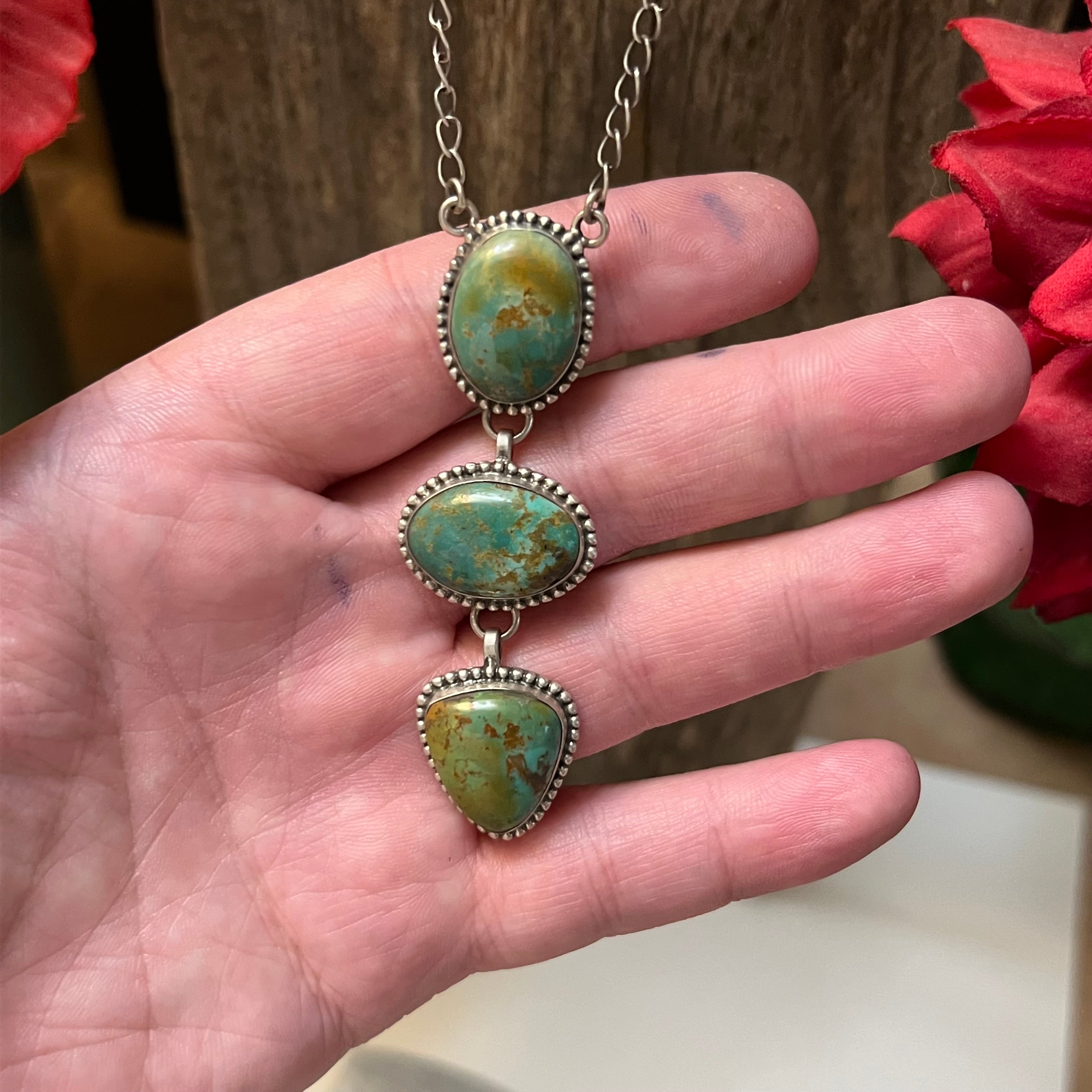 Handmade 3 Stone Turquoise & Sterling Silver Drop Necklace (08)