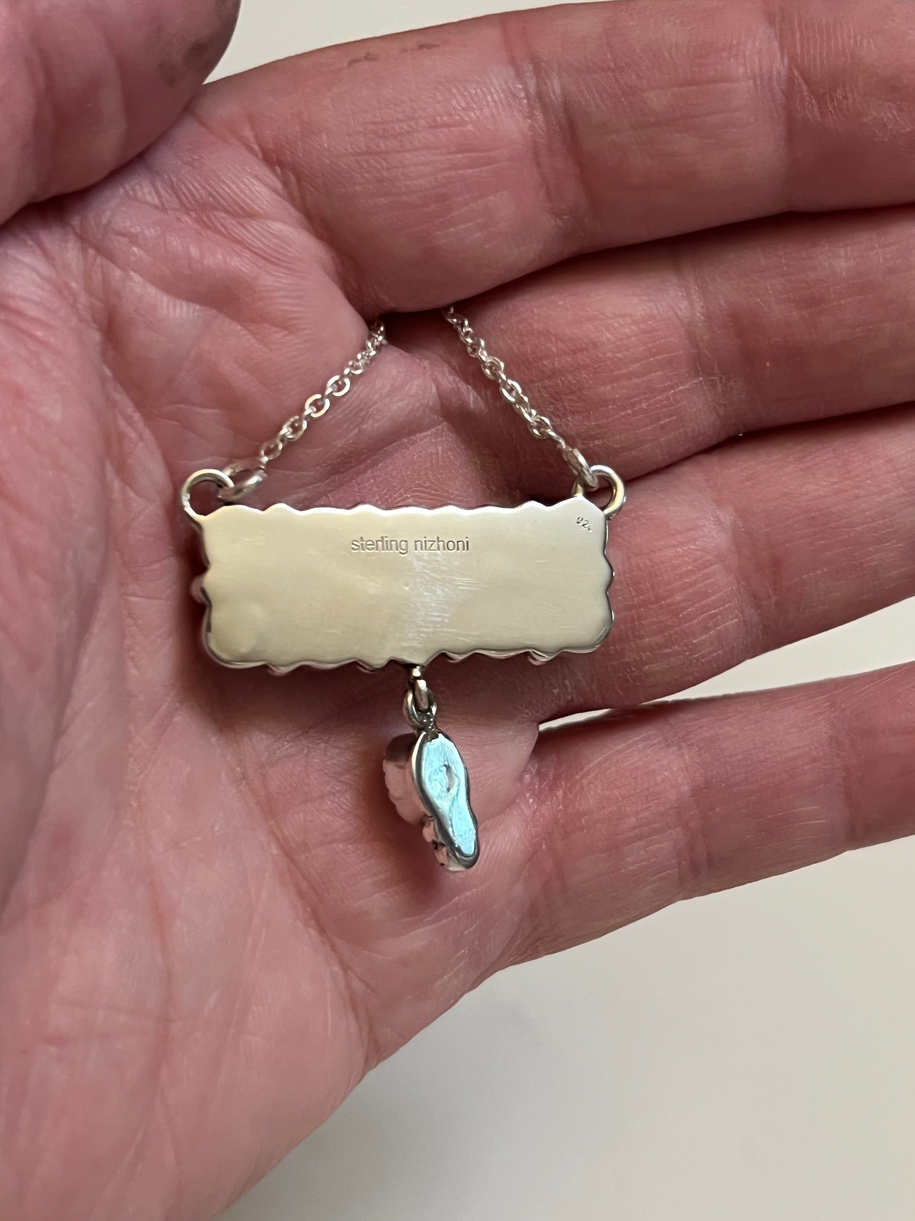 Handmade Sterling Silver & Pink Opal Tear Drop Dangle, Bar Necklace