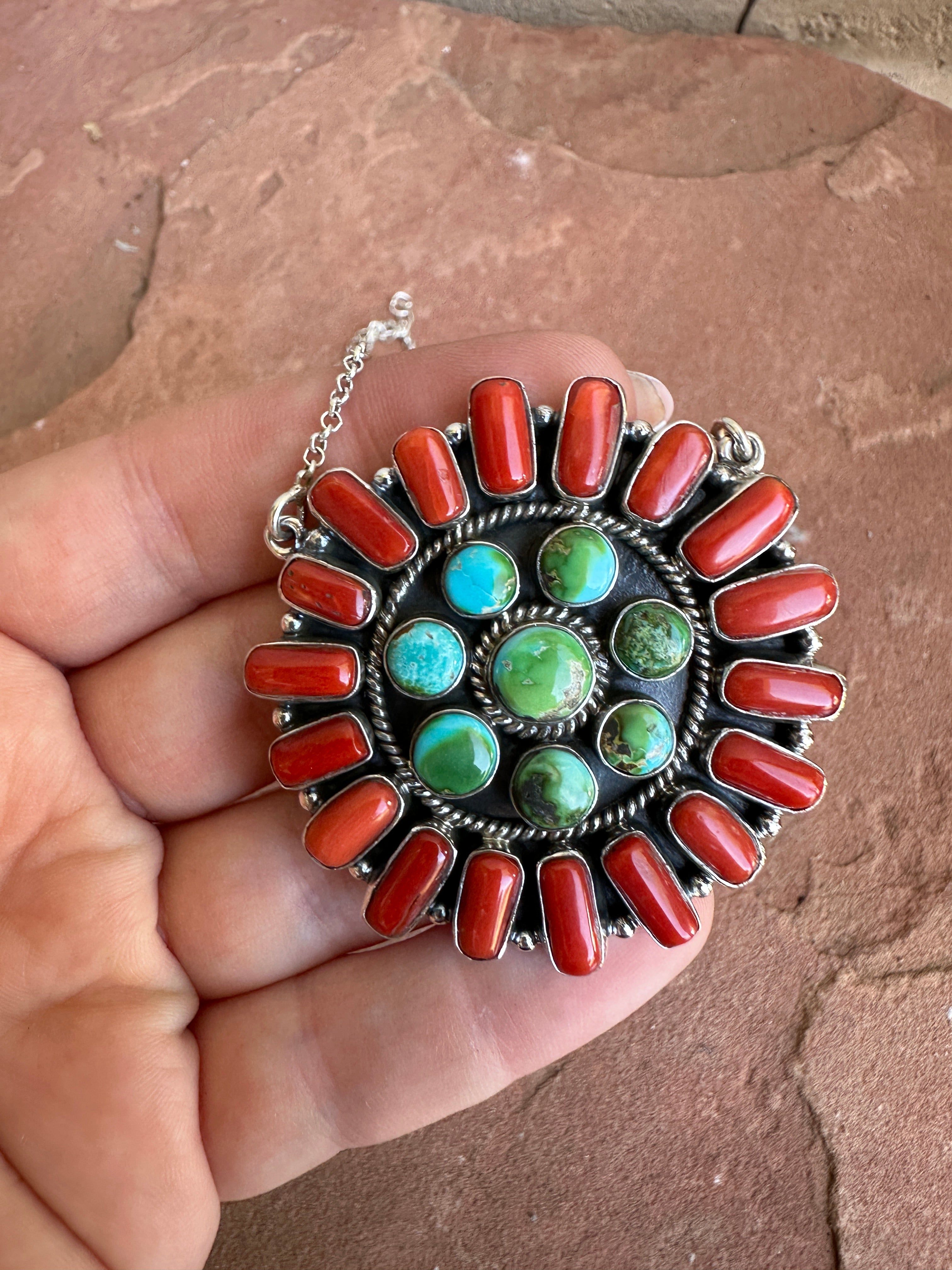 Sterling Silver 925 Native Handmade Turquoise & Coral Pendant authentic