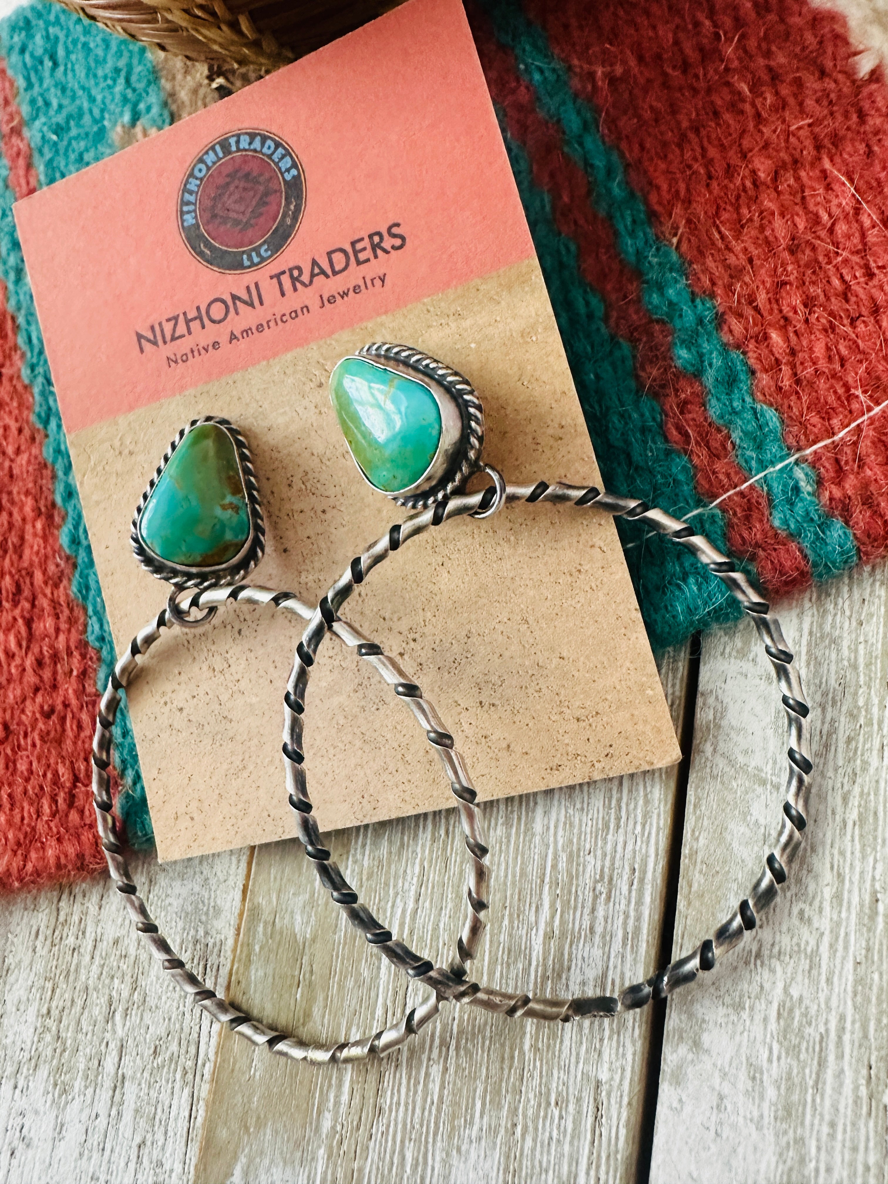 Navajo Turquoise and Sterling Silver Dangle Hoop Earrings