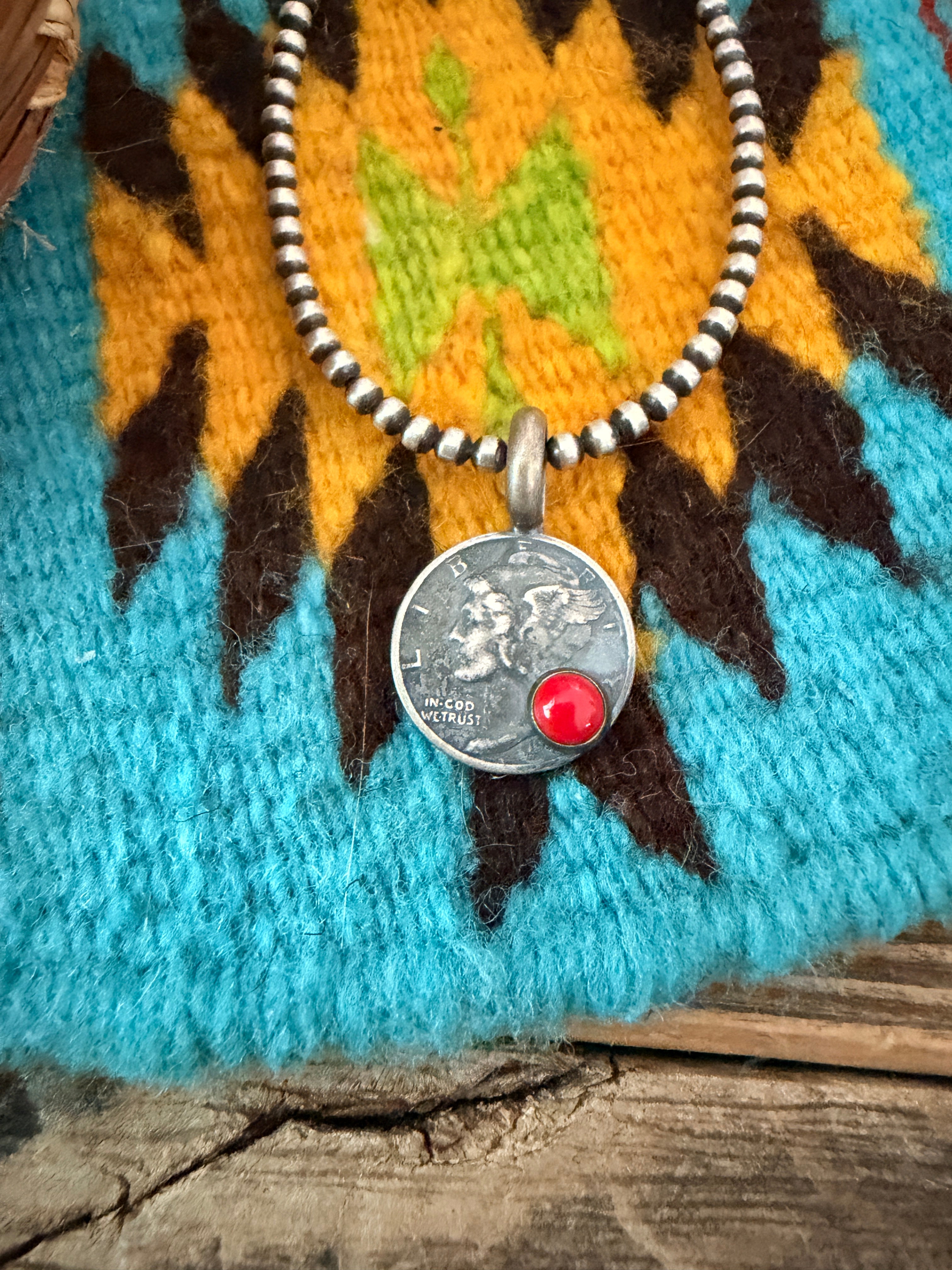 Handcrafted Sterling Silver & Coral Liberty Dime Pendant