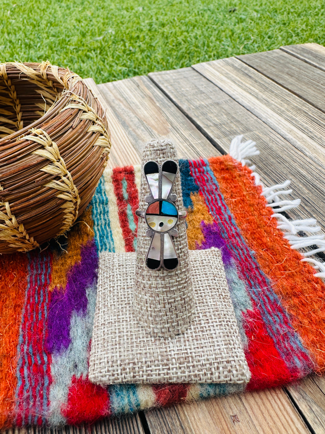 Old Pawn Handcrafted Multi Stone & Sterling Silver Sun Face Ring Size 5.5