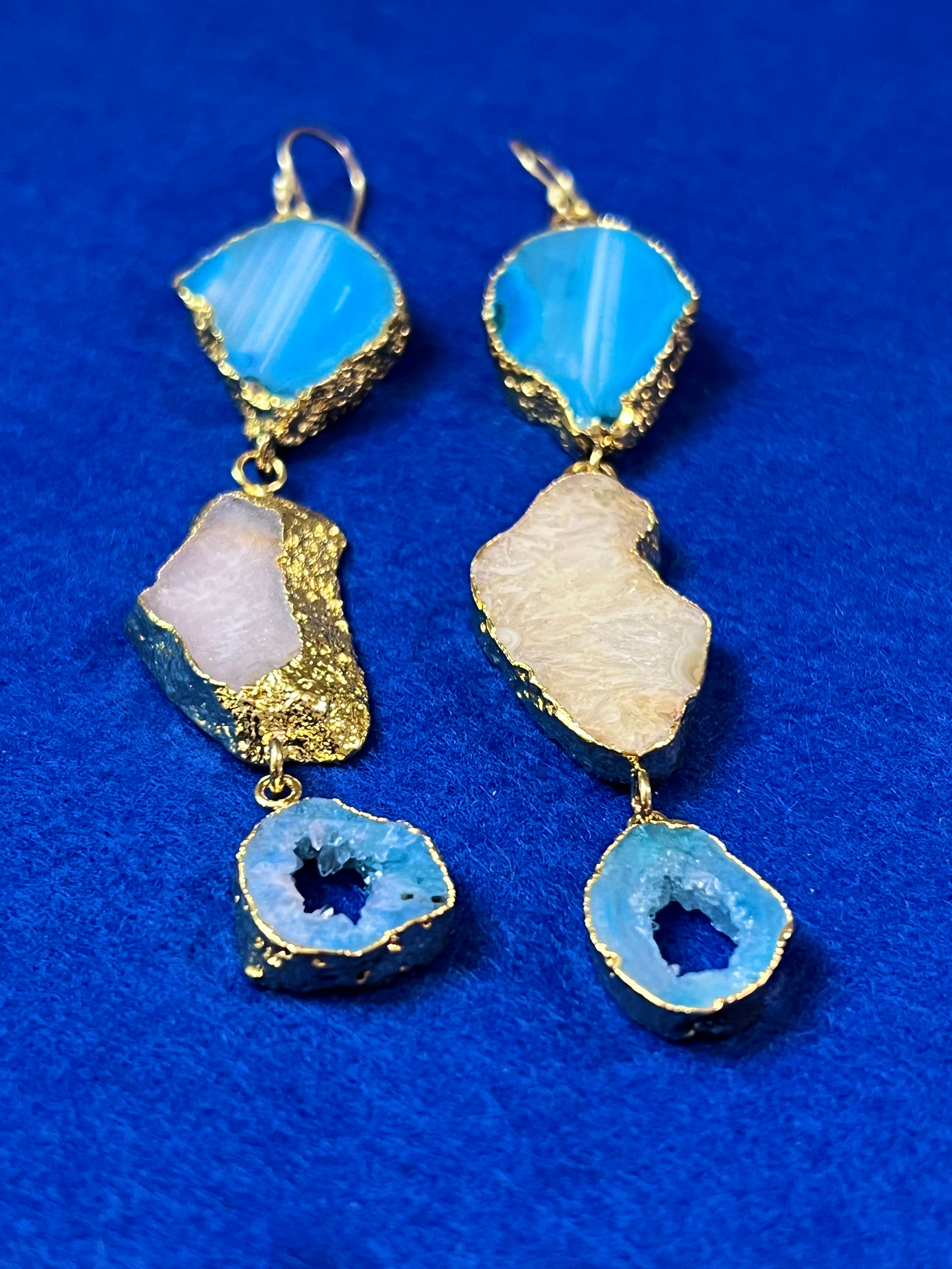 Handmade 14k Gold Druzy Plated Brass 3-Stone White & Blue Geode Dangle Wire Earrings