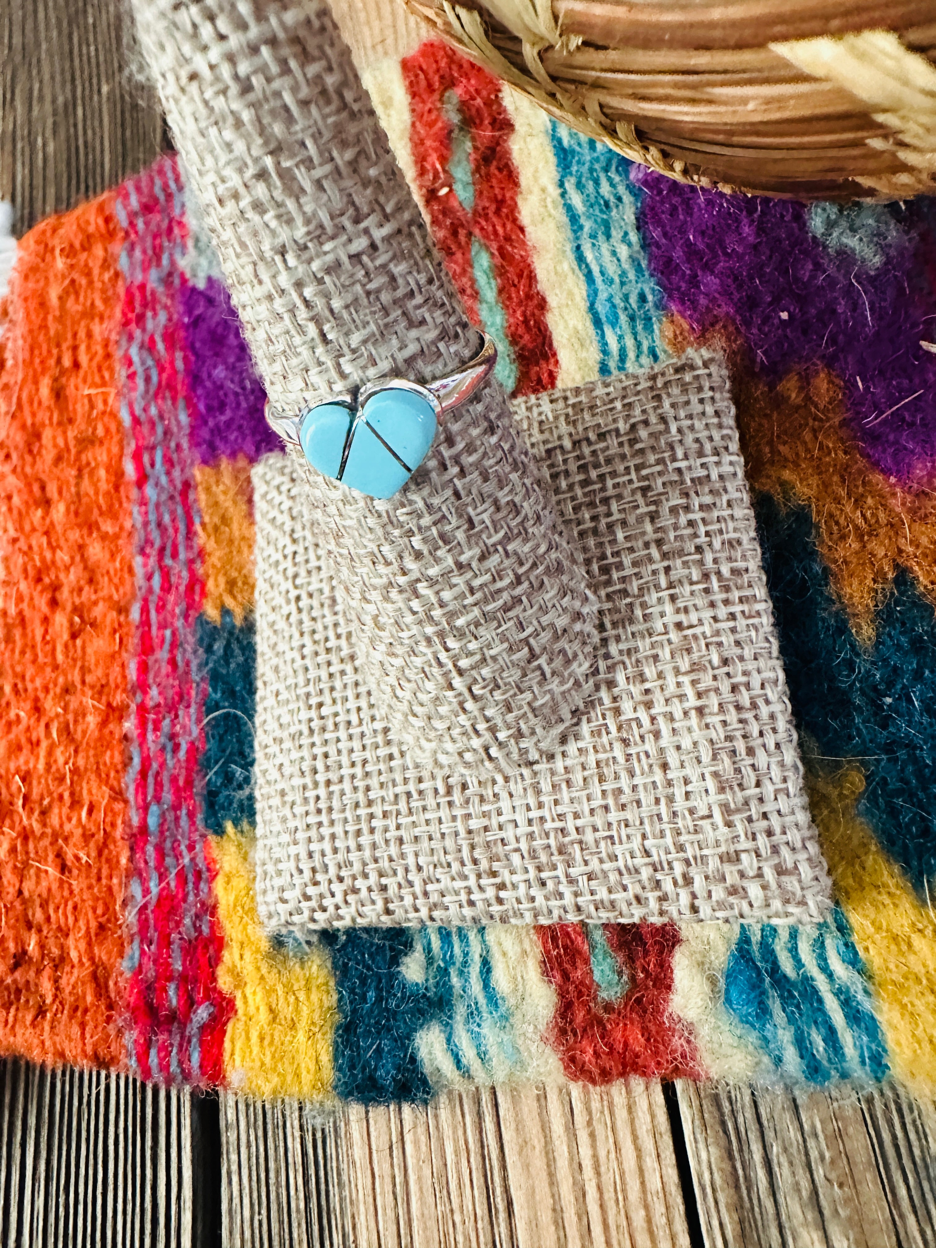 Handcrafted Turquoise & Sterling Silver Inlay Heart Ring Size 7.25