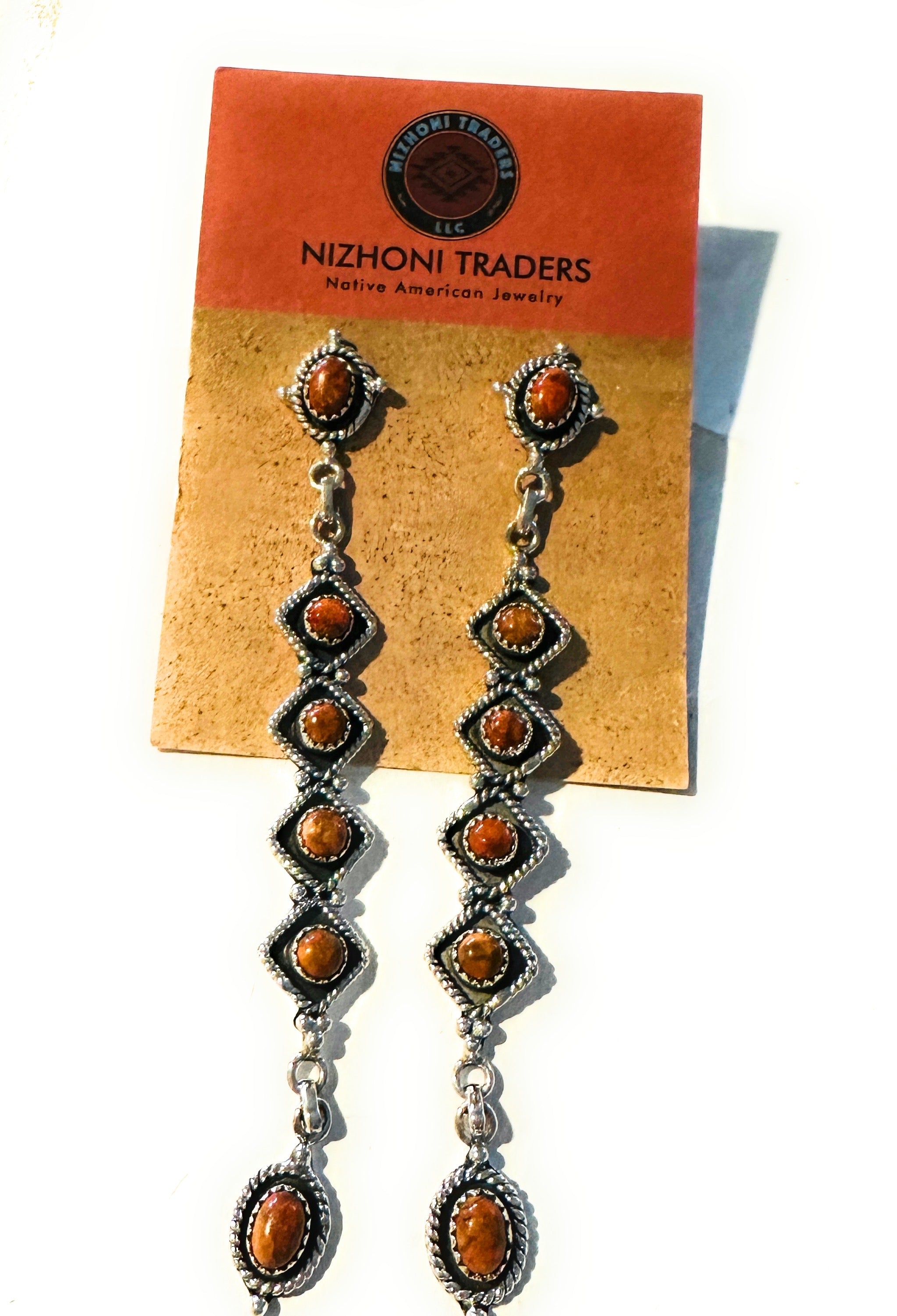 Handmade Orange Spiny & Sterling Silver Dangle Earrings Signed Nizhoni