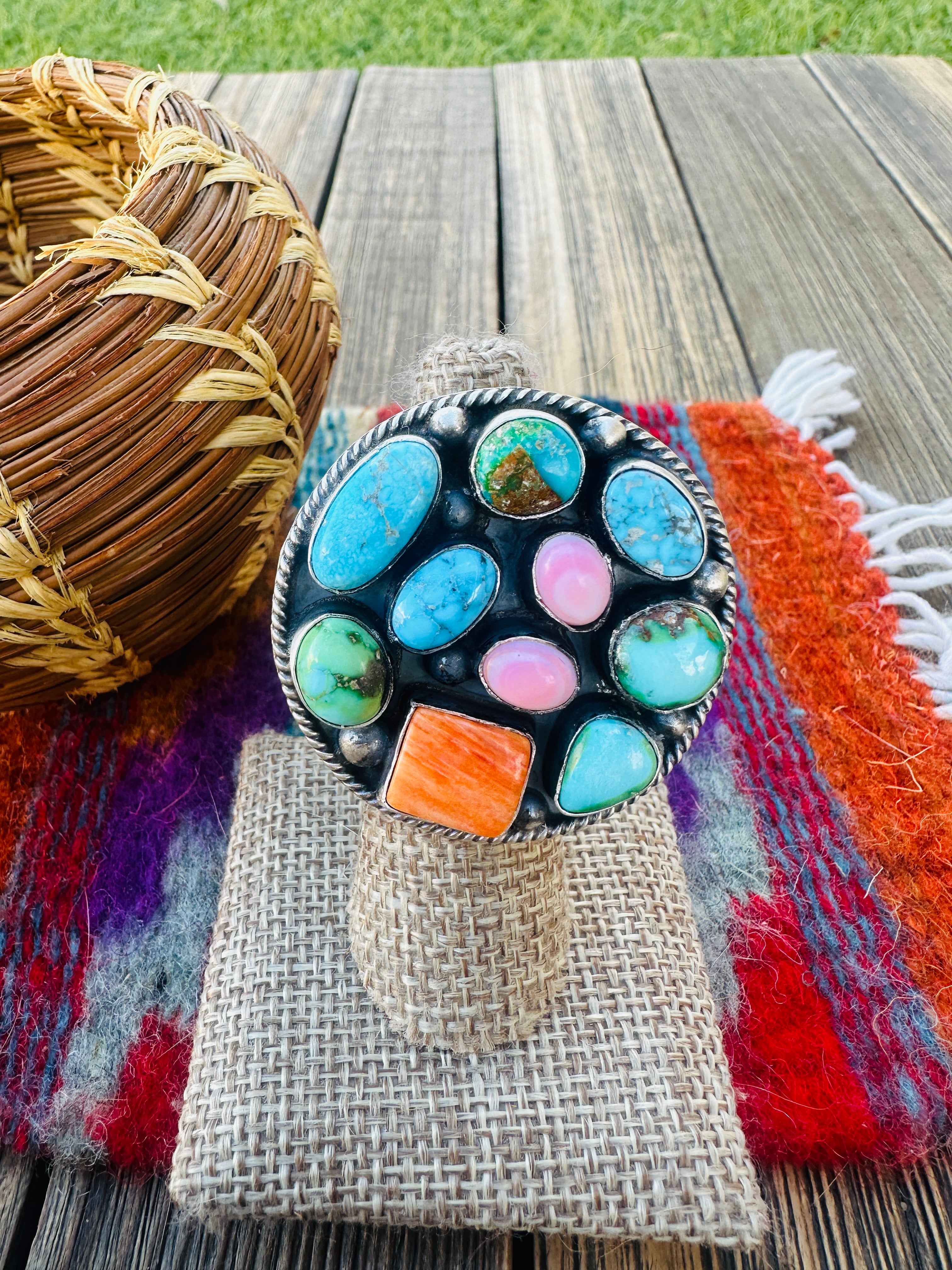 Handcrafted Sterling Silver & Multi Stone Cluster Adjustable Ring by Vicky Hicks