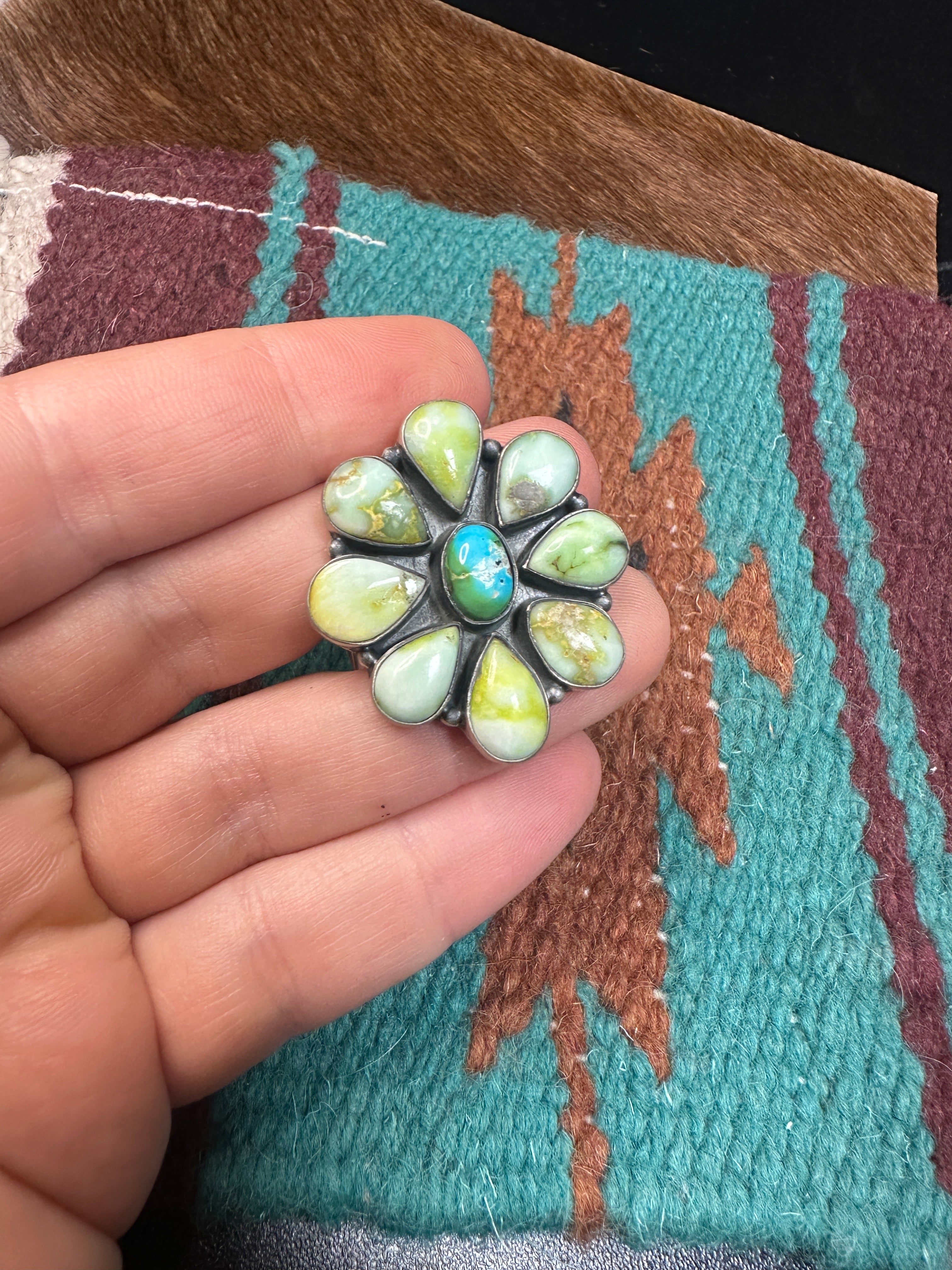 Nizhoni Handmade Palomino Turquoise, Sonoran Mountain Turquoise Sterling Silver Flower Cluster Ring