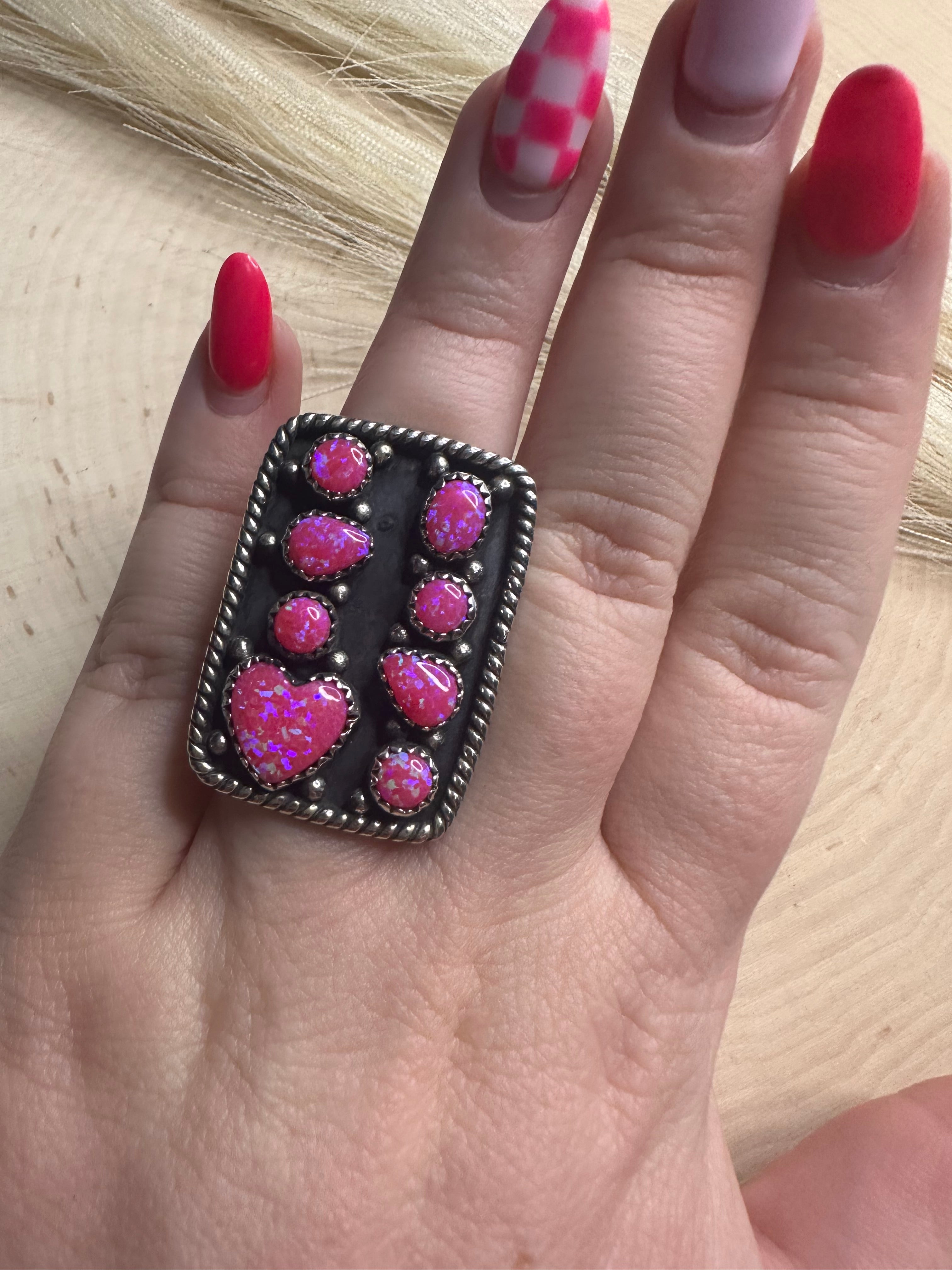 Beautiful Handmade Hot Pink Fire Opal And Sterling Silver Adjustable Heart Ring