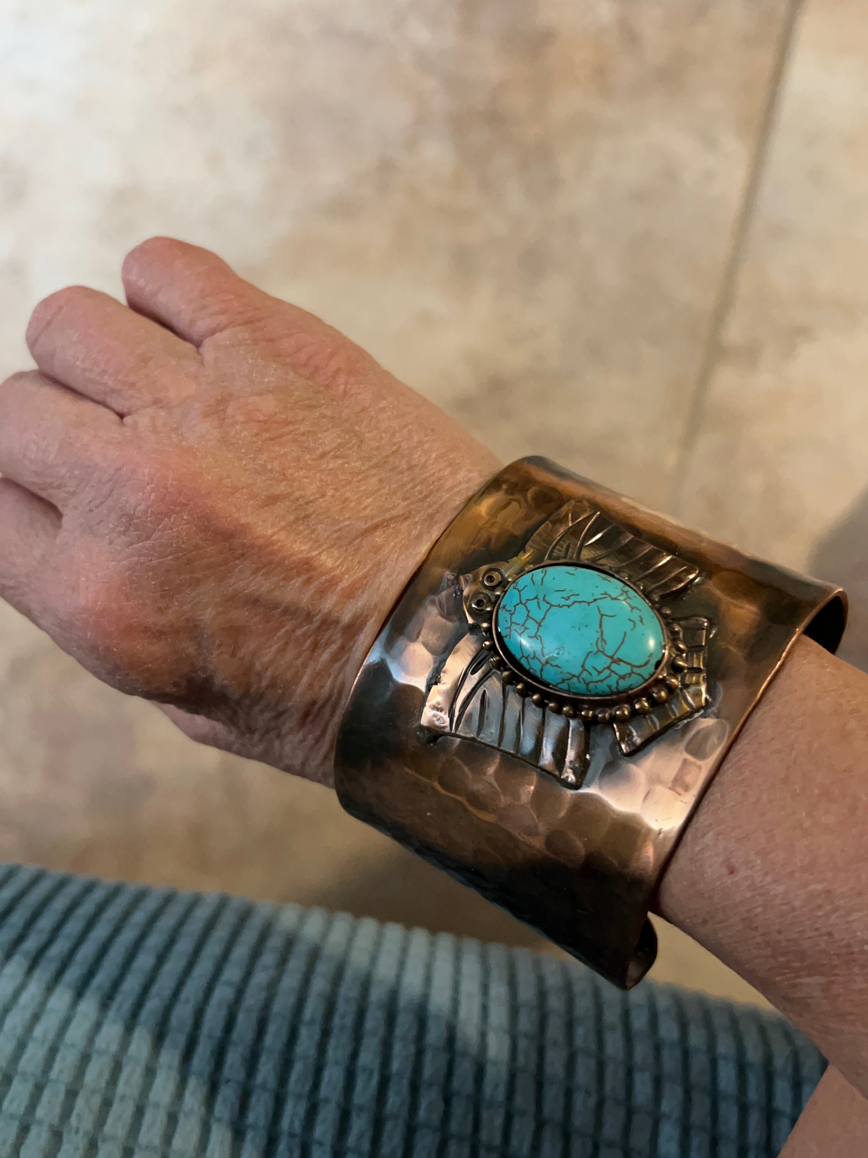 Engraved Copper Cuff Bracelet with Blue Oval Stone