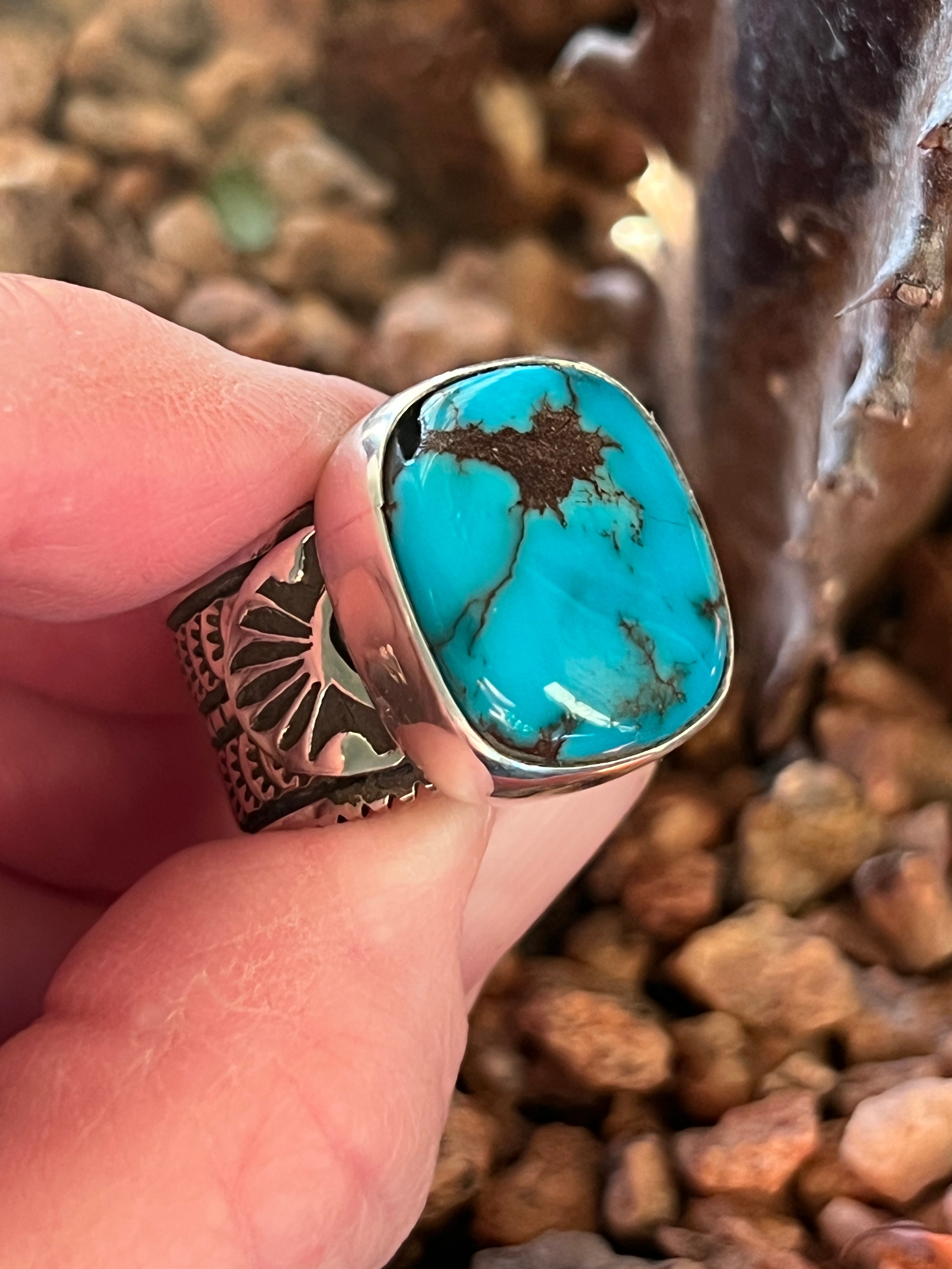 Handcrafted Sterling Silver Wide Shank Ring with Egyptian Turquoise by Shaun Rogers, Size 8.25