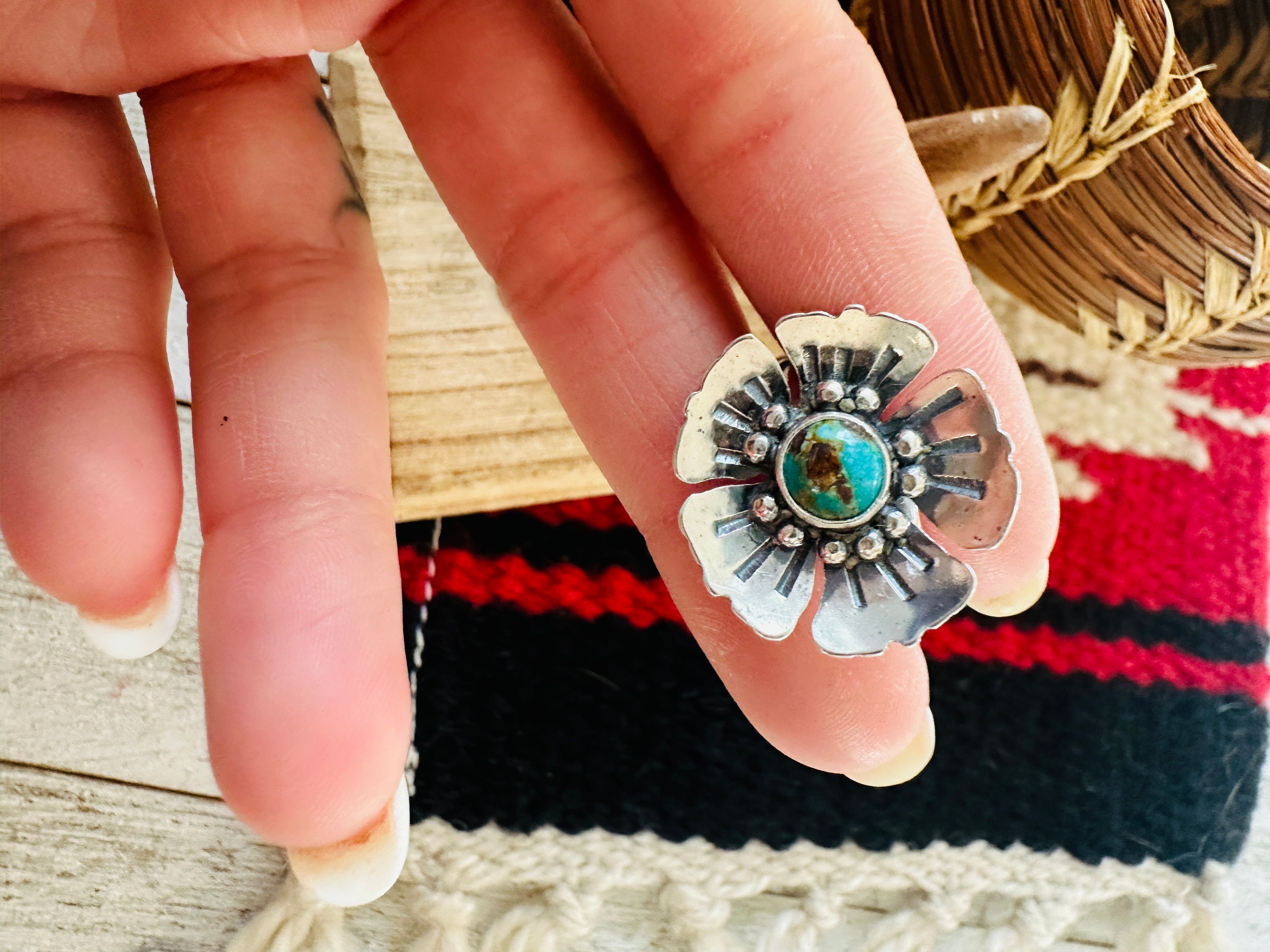 Navajo Sterling Silver & Turquoise Adjustable Flower Ring