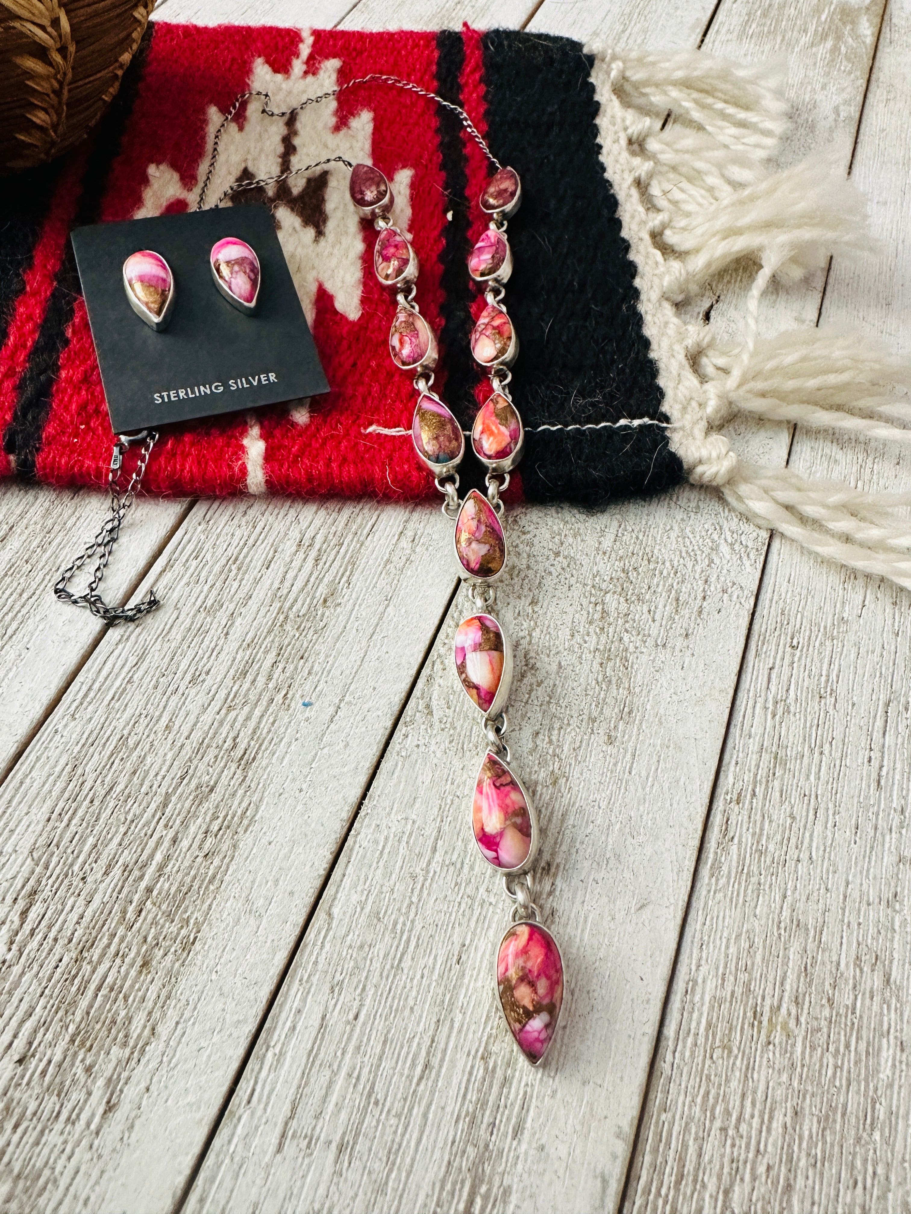 Navajo Sterling Silver & Pink Dream Mojave Lariat Necklace Set