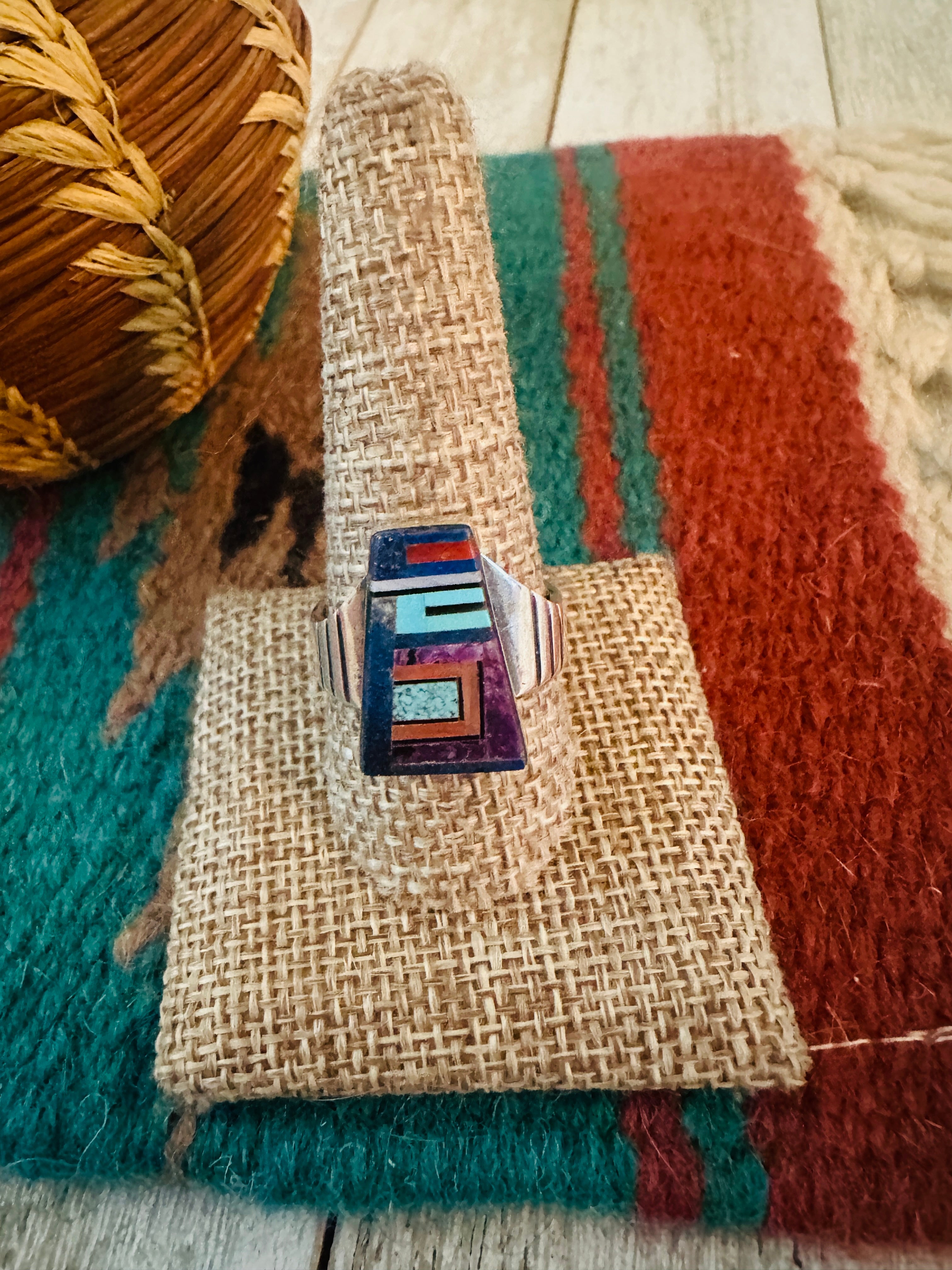 Old Pawn Handcrafted Multi Stone & Sterling Silver Inlay Ring Size 10