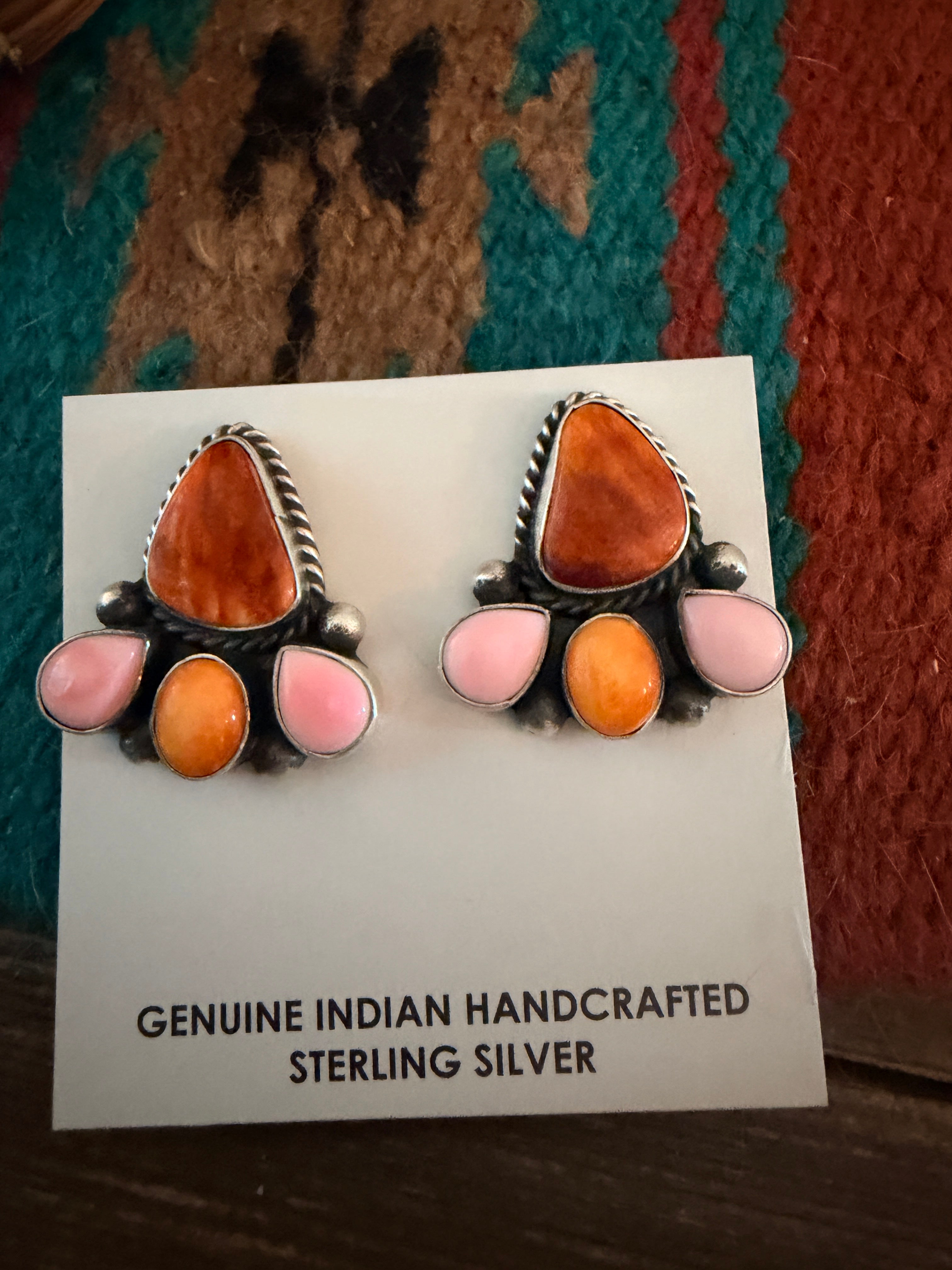 Handcrafted Spiny Oyster, Queen Pink Conch & Sterling Silver Post Earrings by Hiram Largo