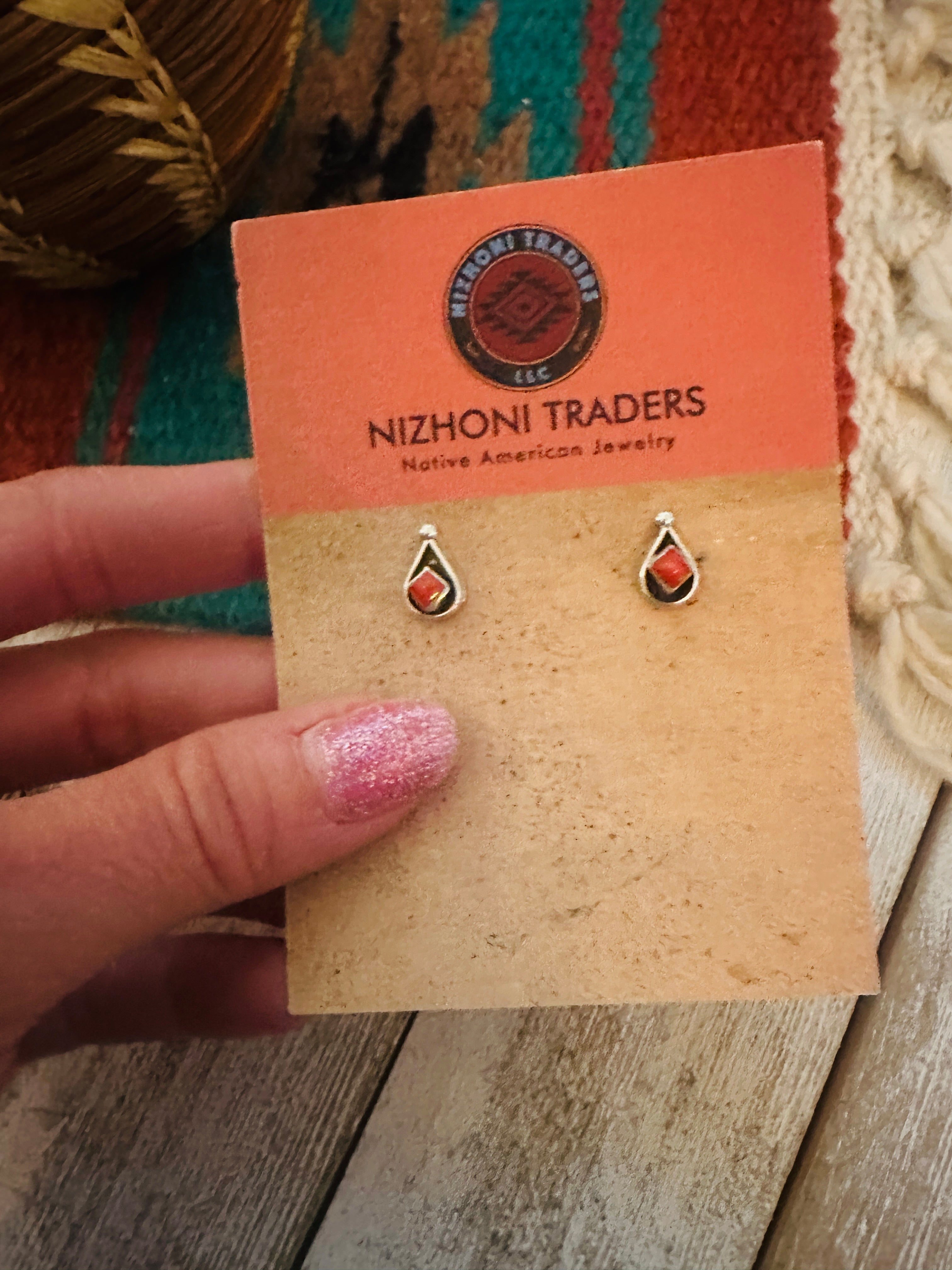 Zuni Coral & Sterling Silver Shadowbox Stud Earrings