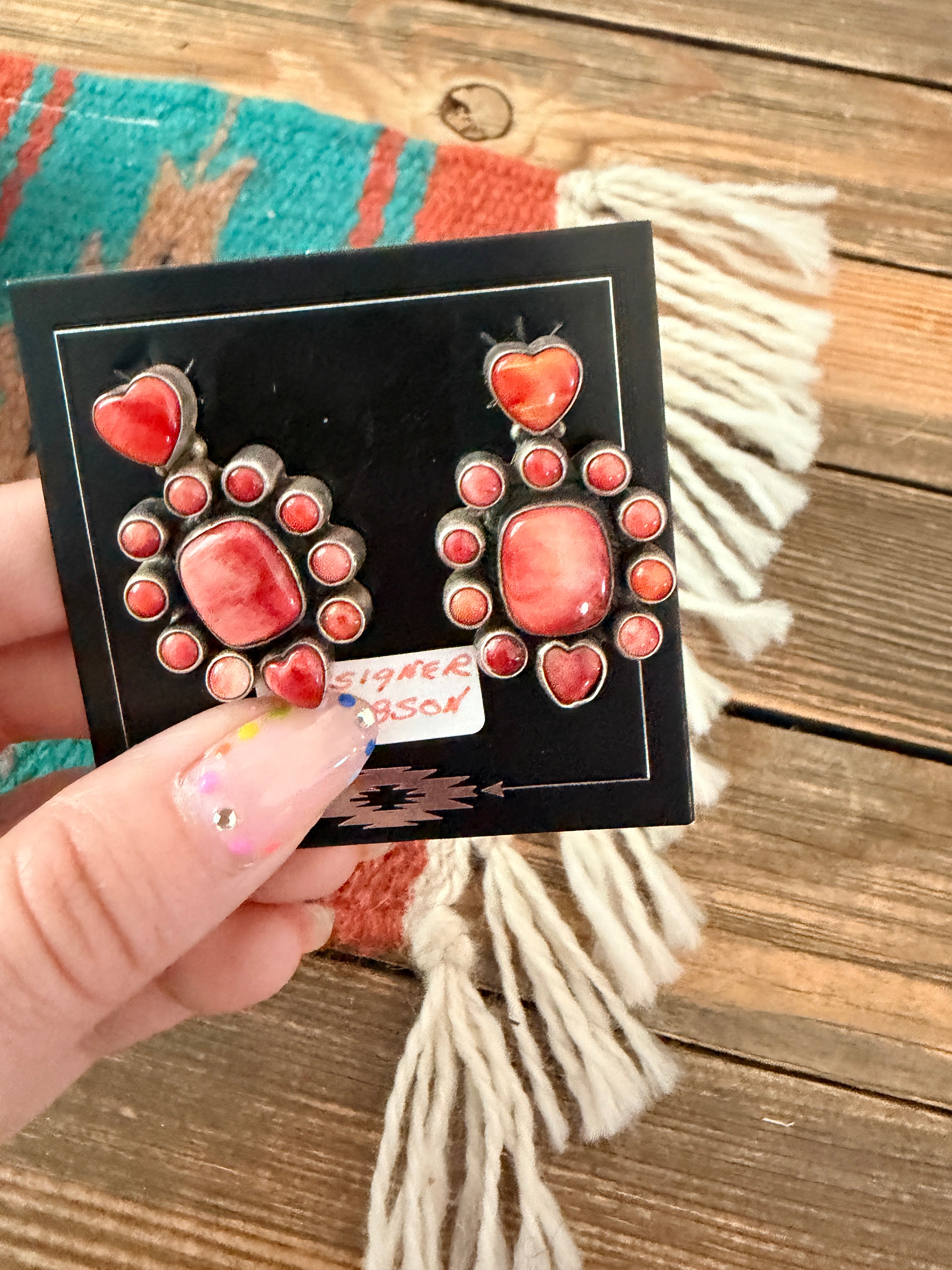 Handmade Old Pawn Orange Spiny Oyster & Sterling Silver Heart Earrings by Dan Dodson