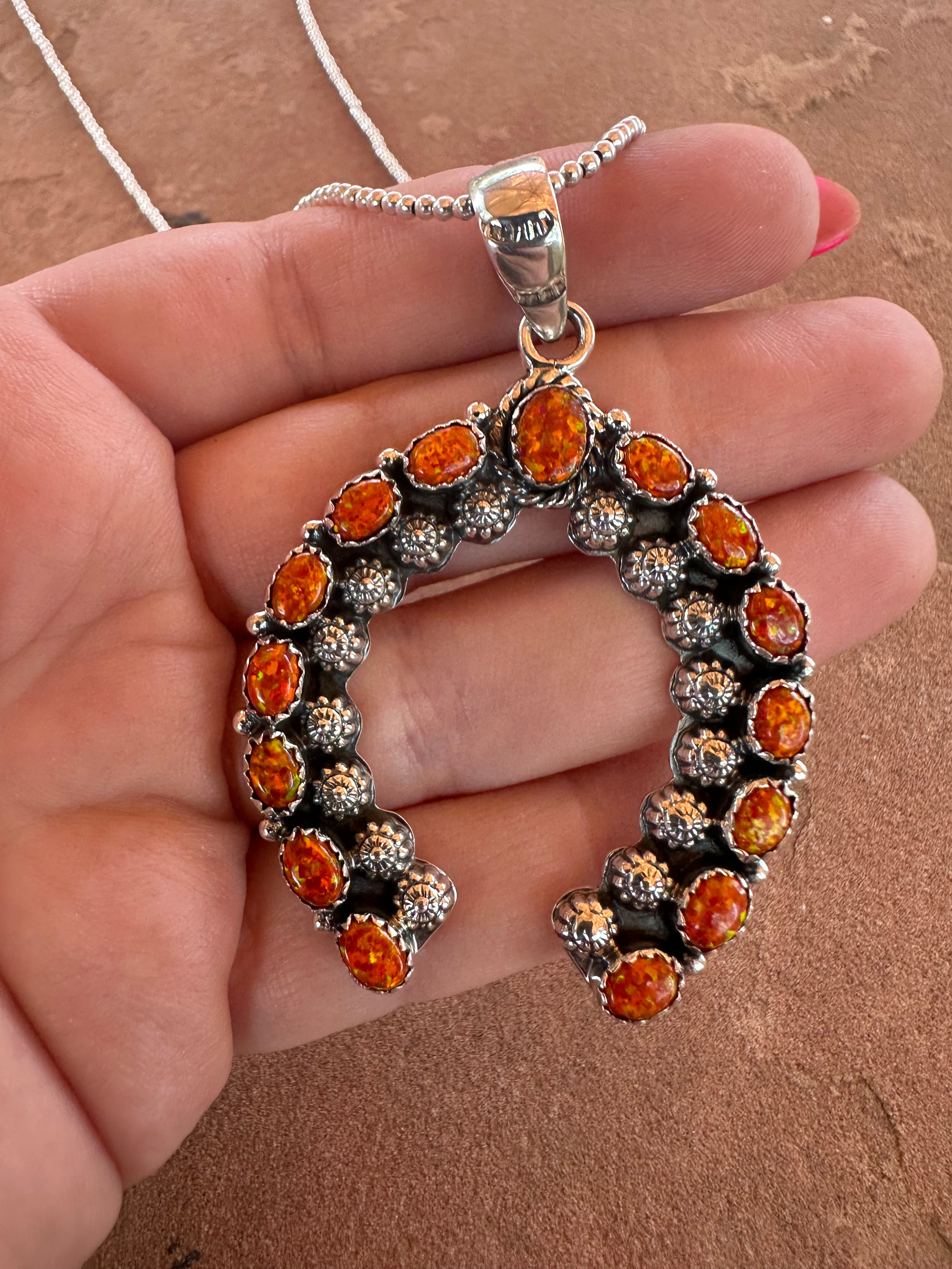 Beautiful Handmade Sterling Silver & Orange Fire Opal Naja Pendant