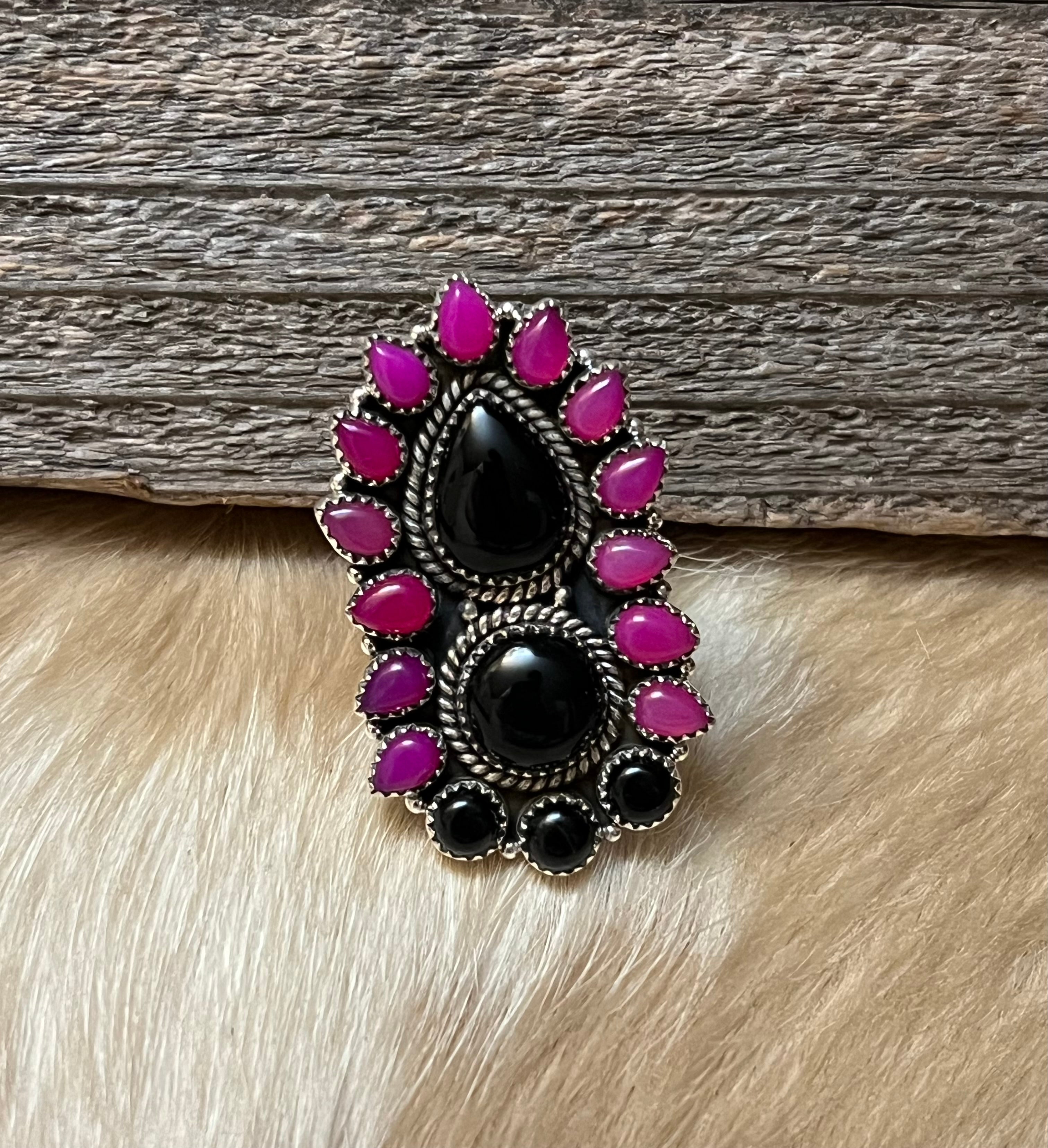 Handmade Pink & Black Onyx Sterling Silver Adjustable Ring