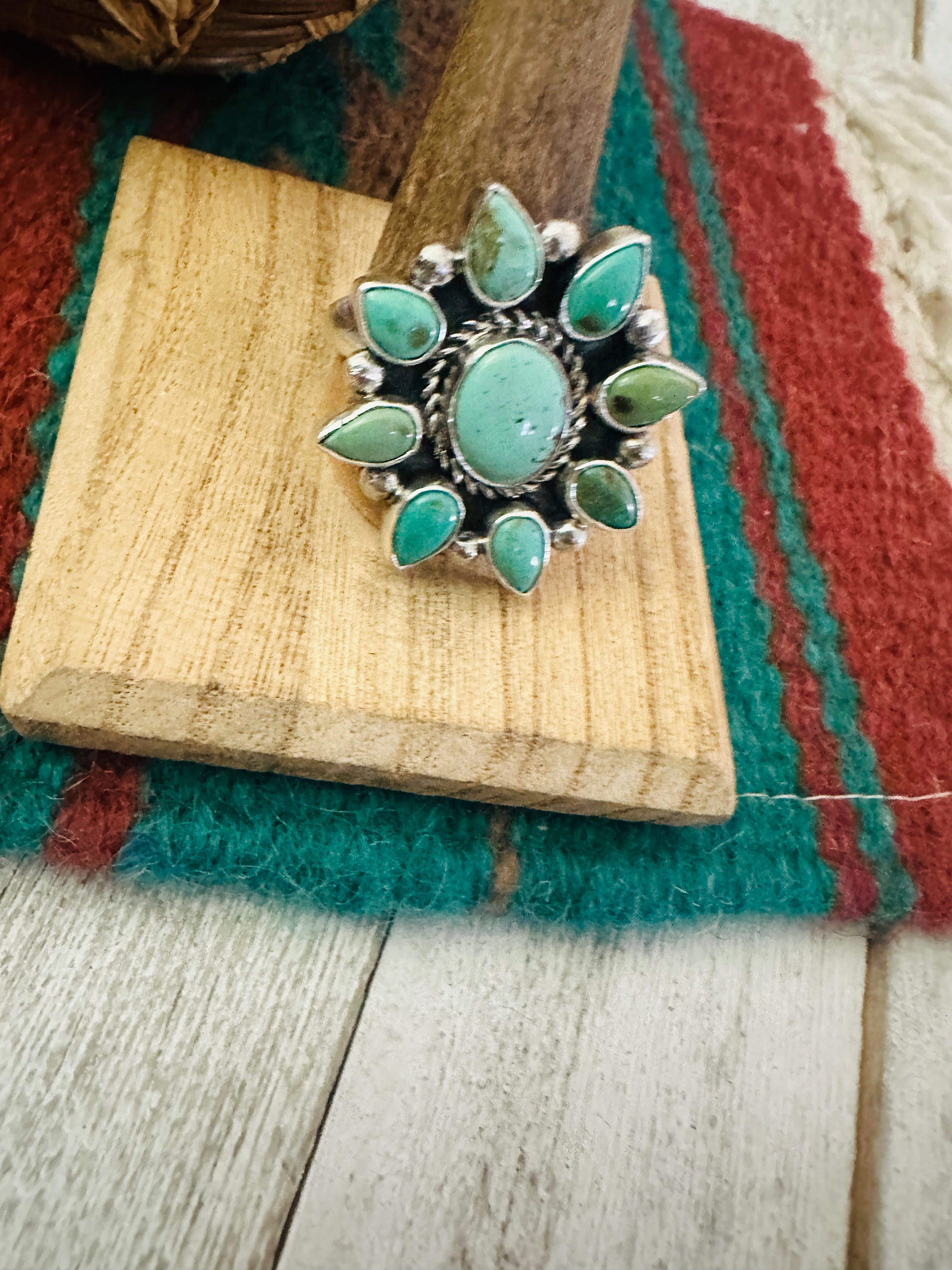 Navajo Sterling Silver & Turquoise Cluster Adjustable Ring