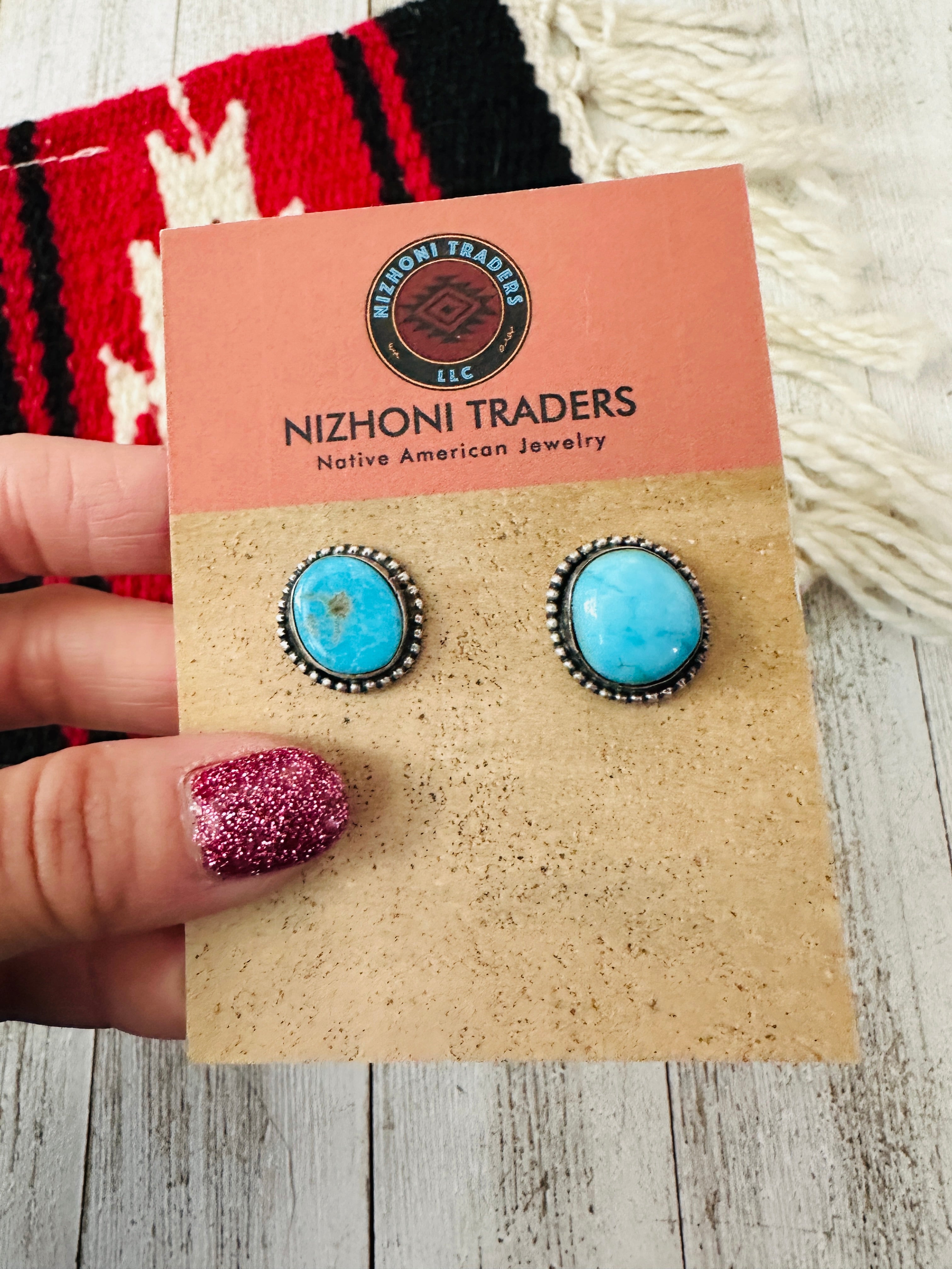 Navajo Kingman Turquoise and Sterling Silver Stud Earrings