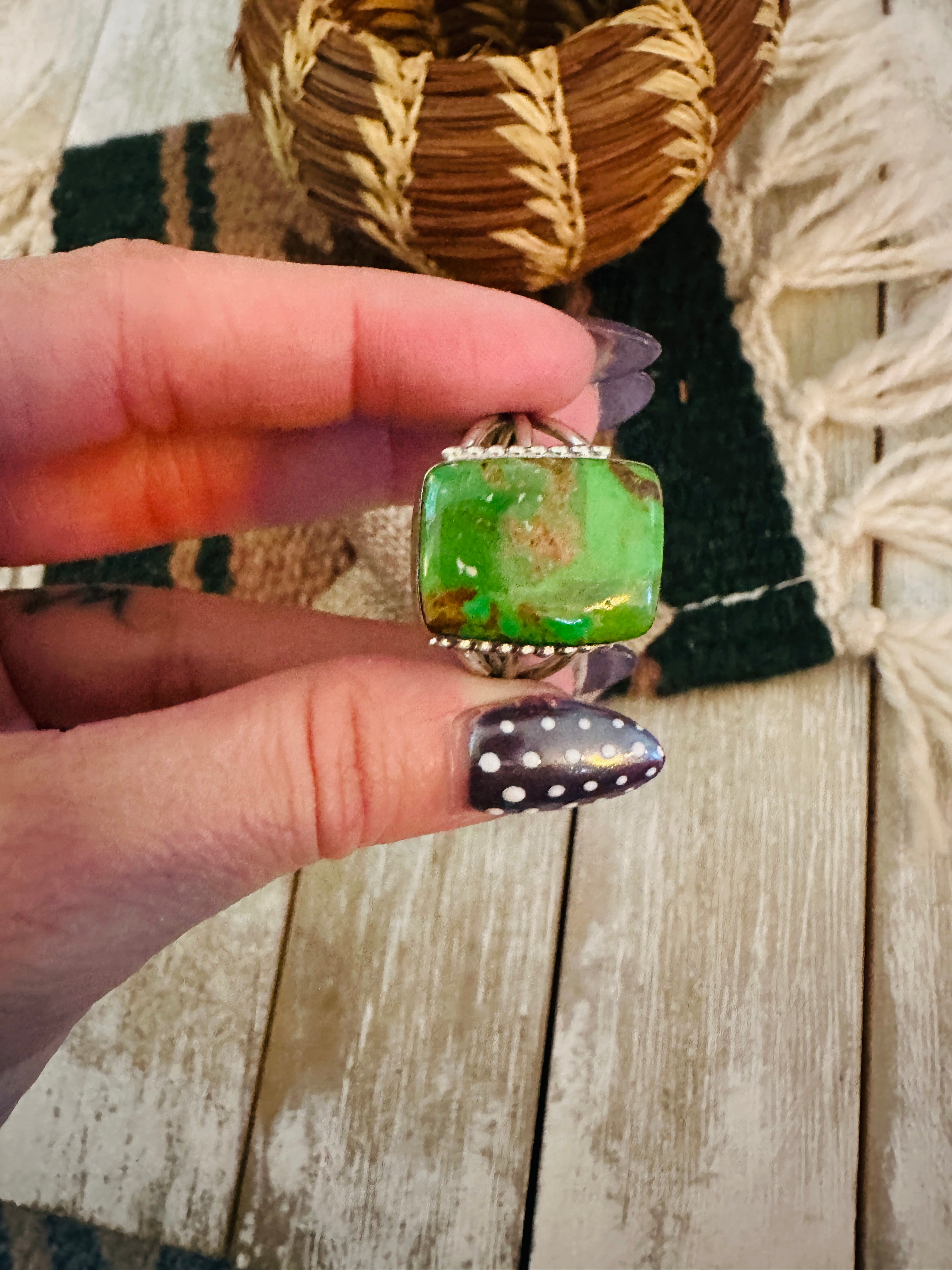 Old Pawn Handcrafted Kingman Turquoise & Sterling Silver Ring Size 12.75