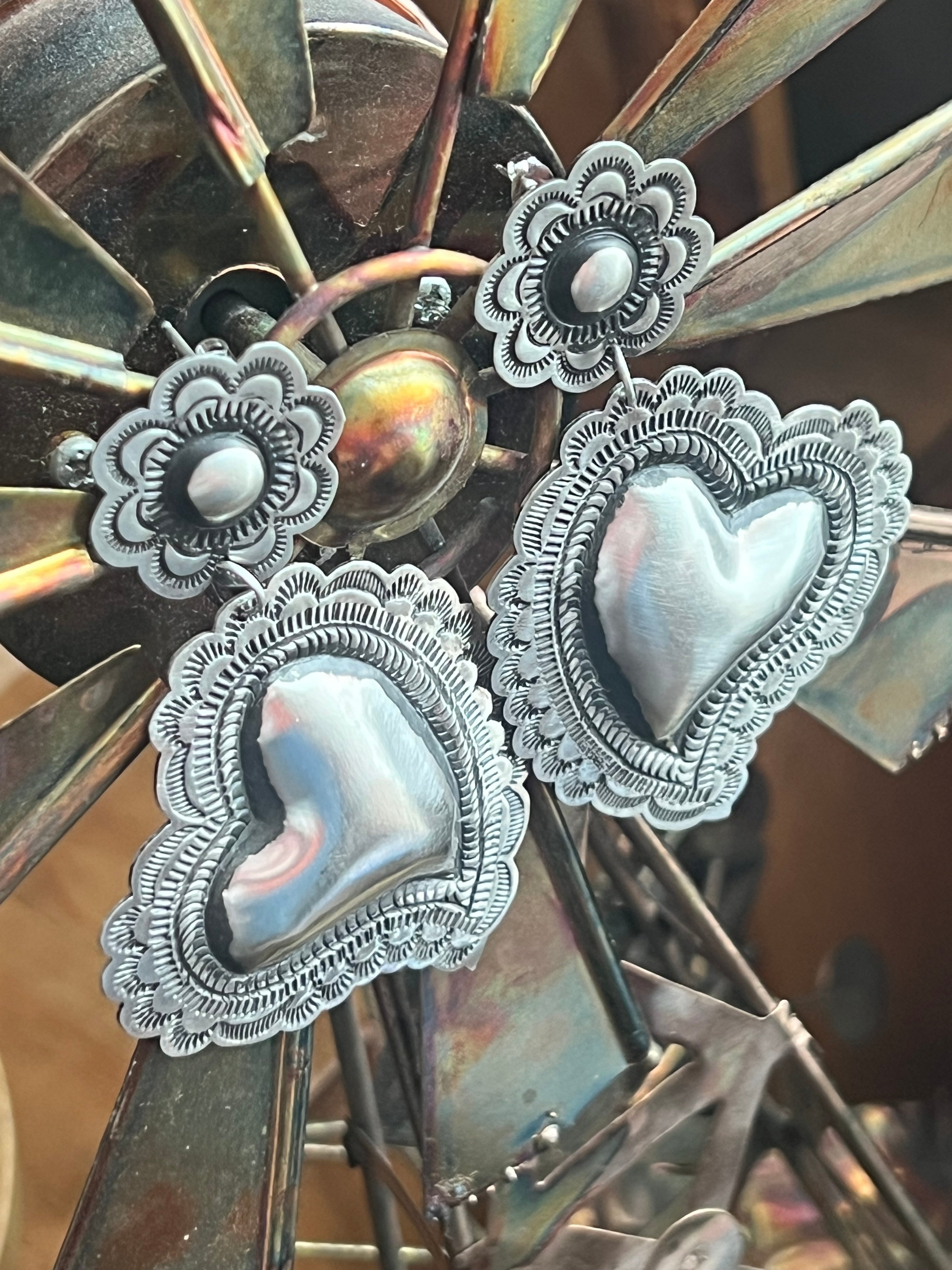 Handcrafted Sterling Silver Stamped Repousse Heart Earrings by Leander Tahe, AH2