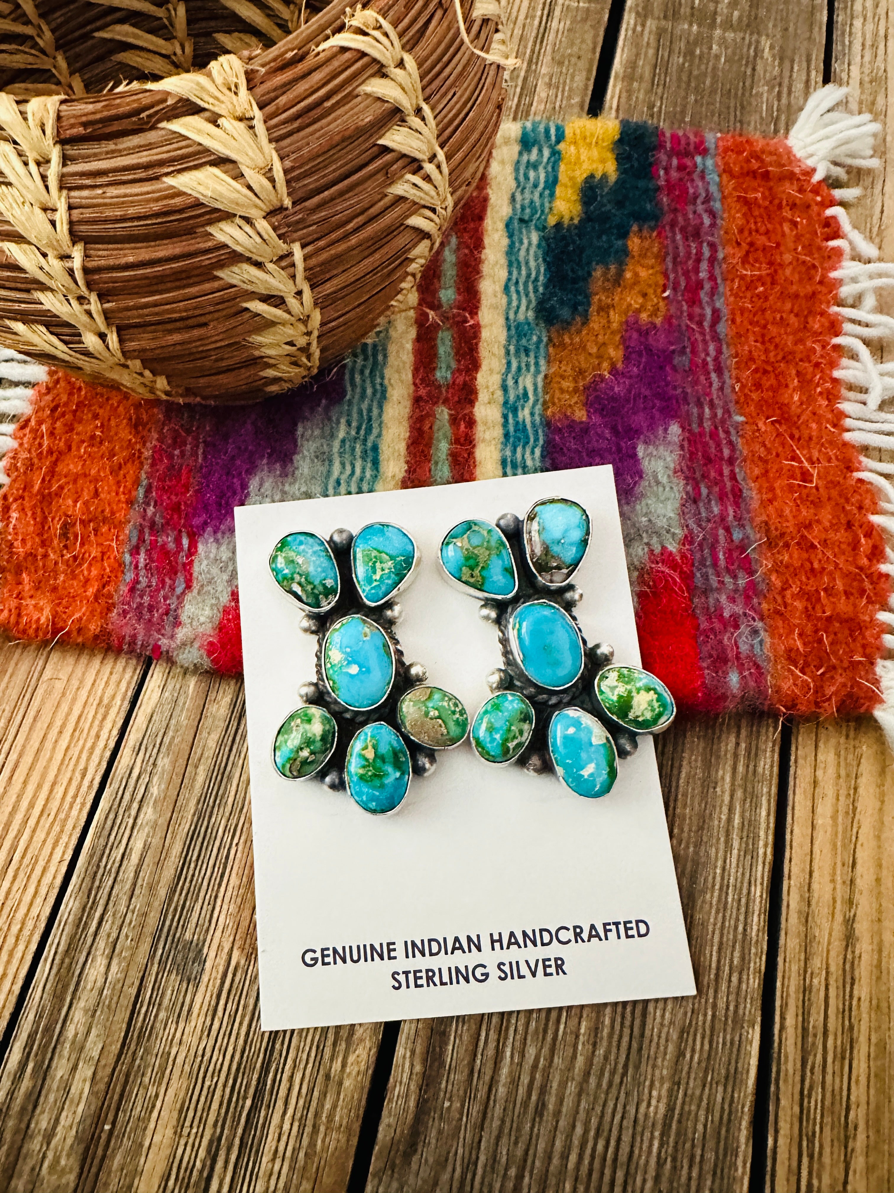 Handcrafted Sonoran Mountain Turquoise & Sterling Silver Cluster Post Earrings by Debra Smith