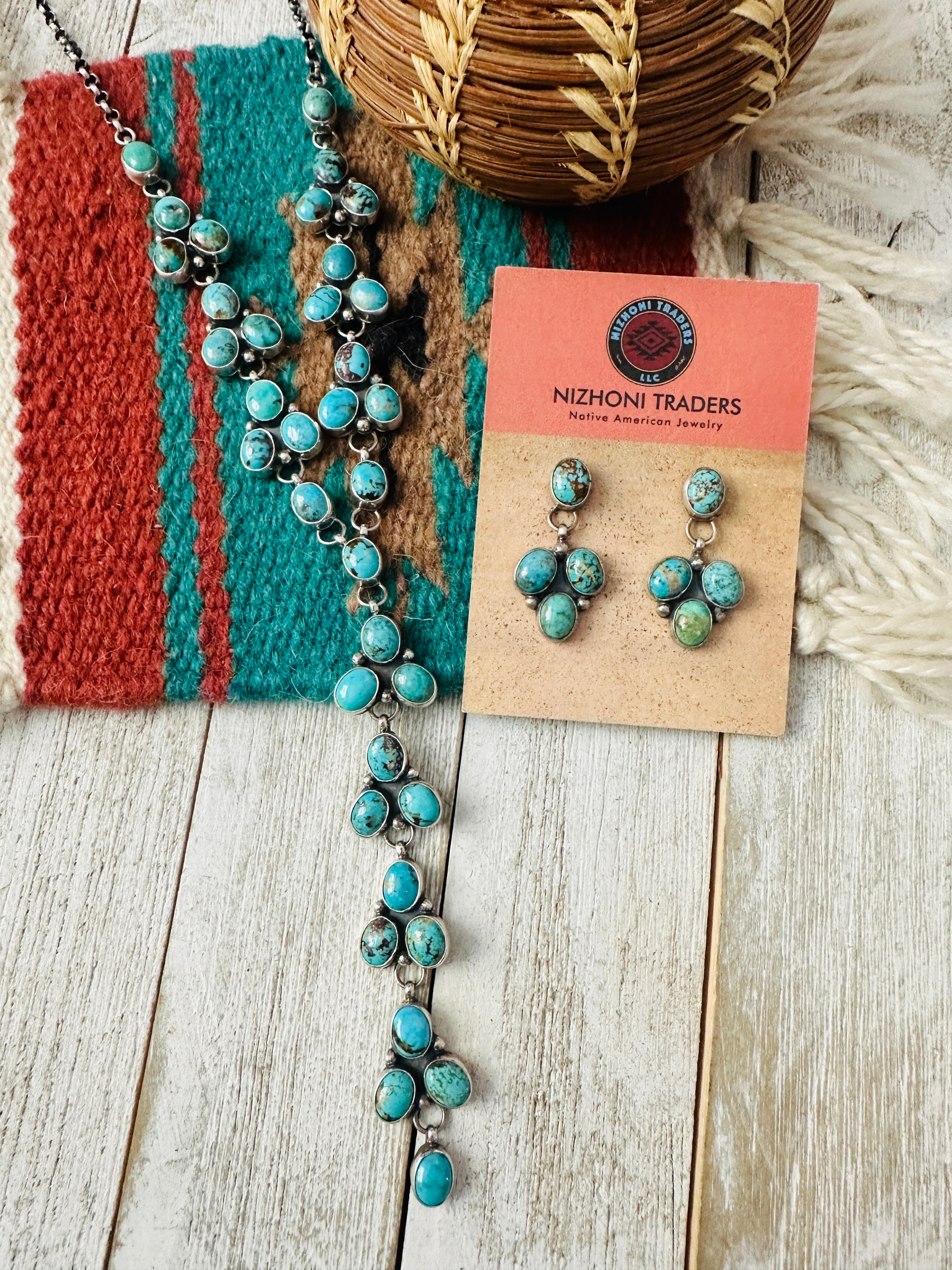 Navajo Sterling Silver & Turquoise Cluster Lariat Necklace Set