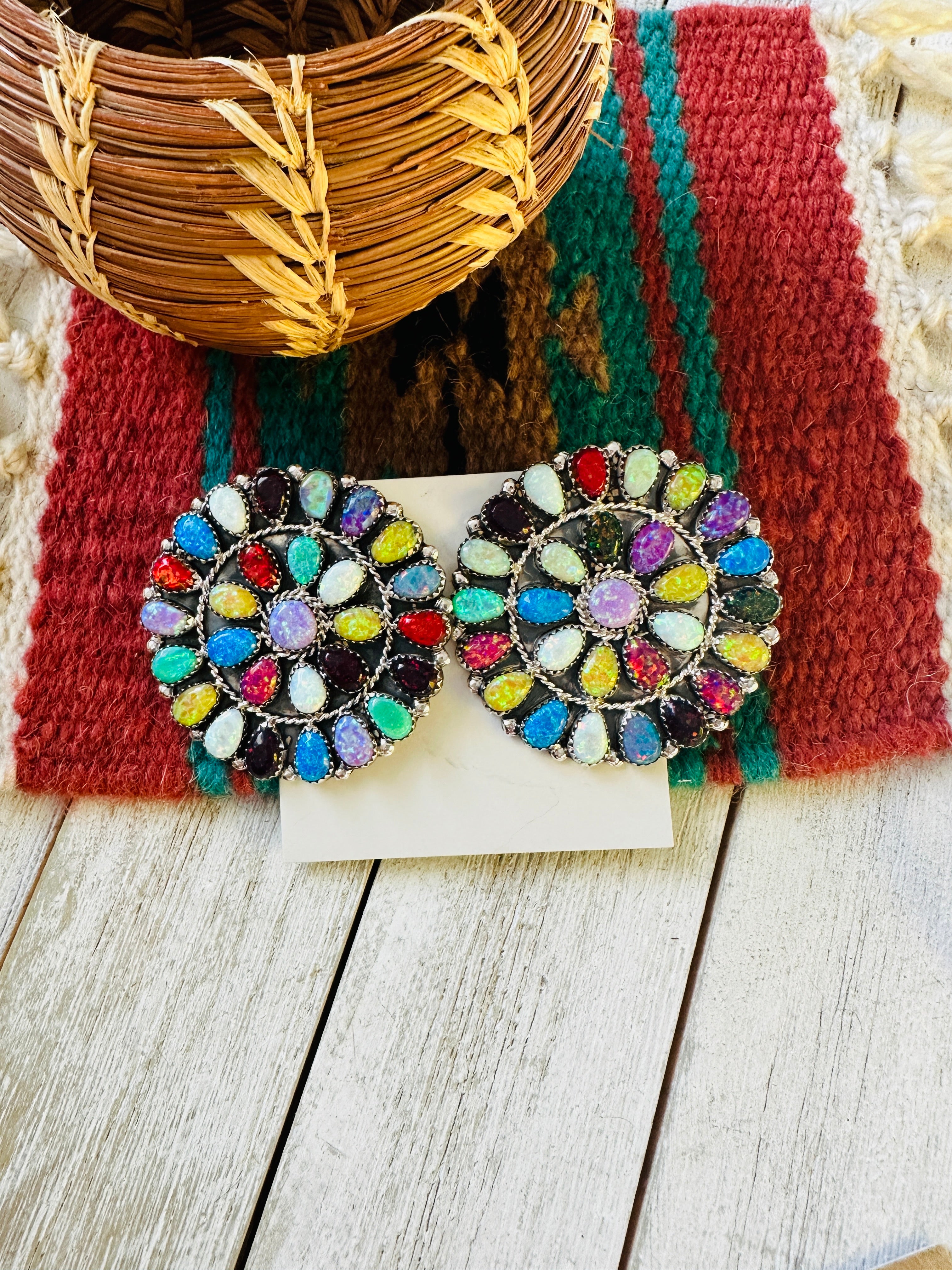 Navajo Multicolor Opal And Sterling Silver Cluster Post Earrings