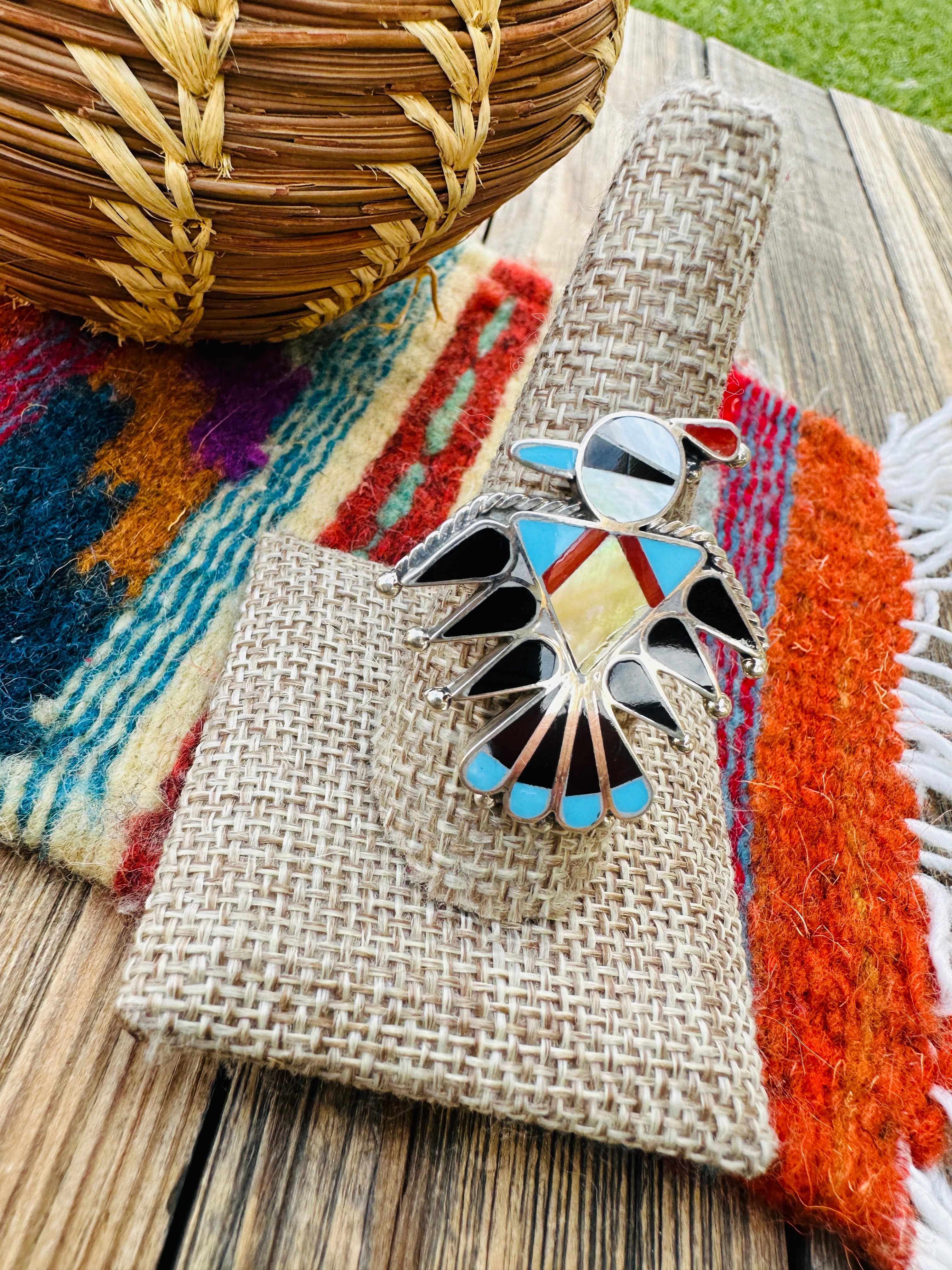 Old Pawn Handcrafted Multi Stone & Sterling Silver Thunderbird Ring Size 9.5