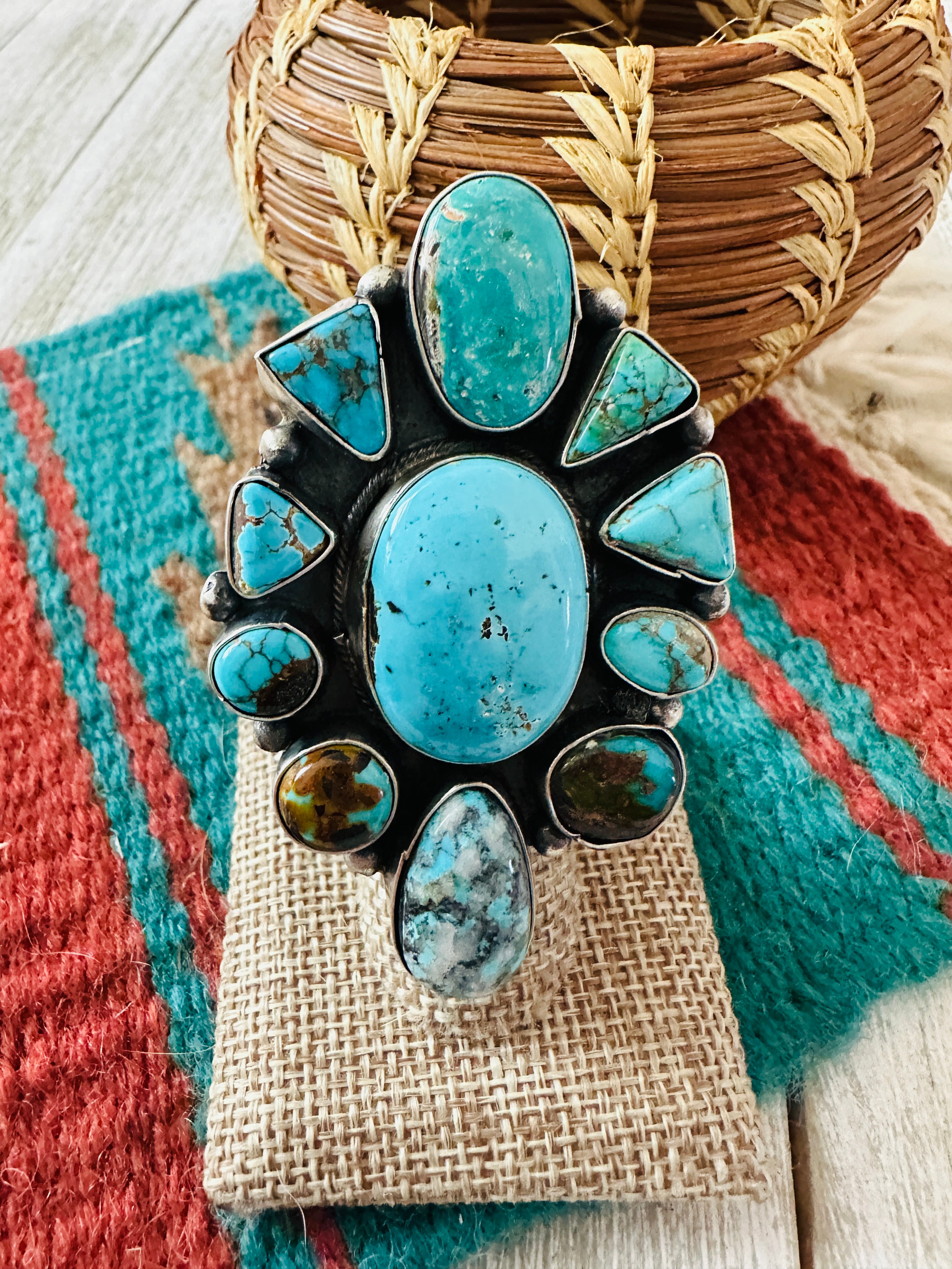 Handcrafted Turquoise & Sterling Silver Cluster Ring Size 8.5 by Ella Peter