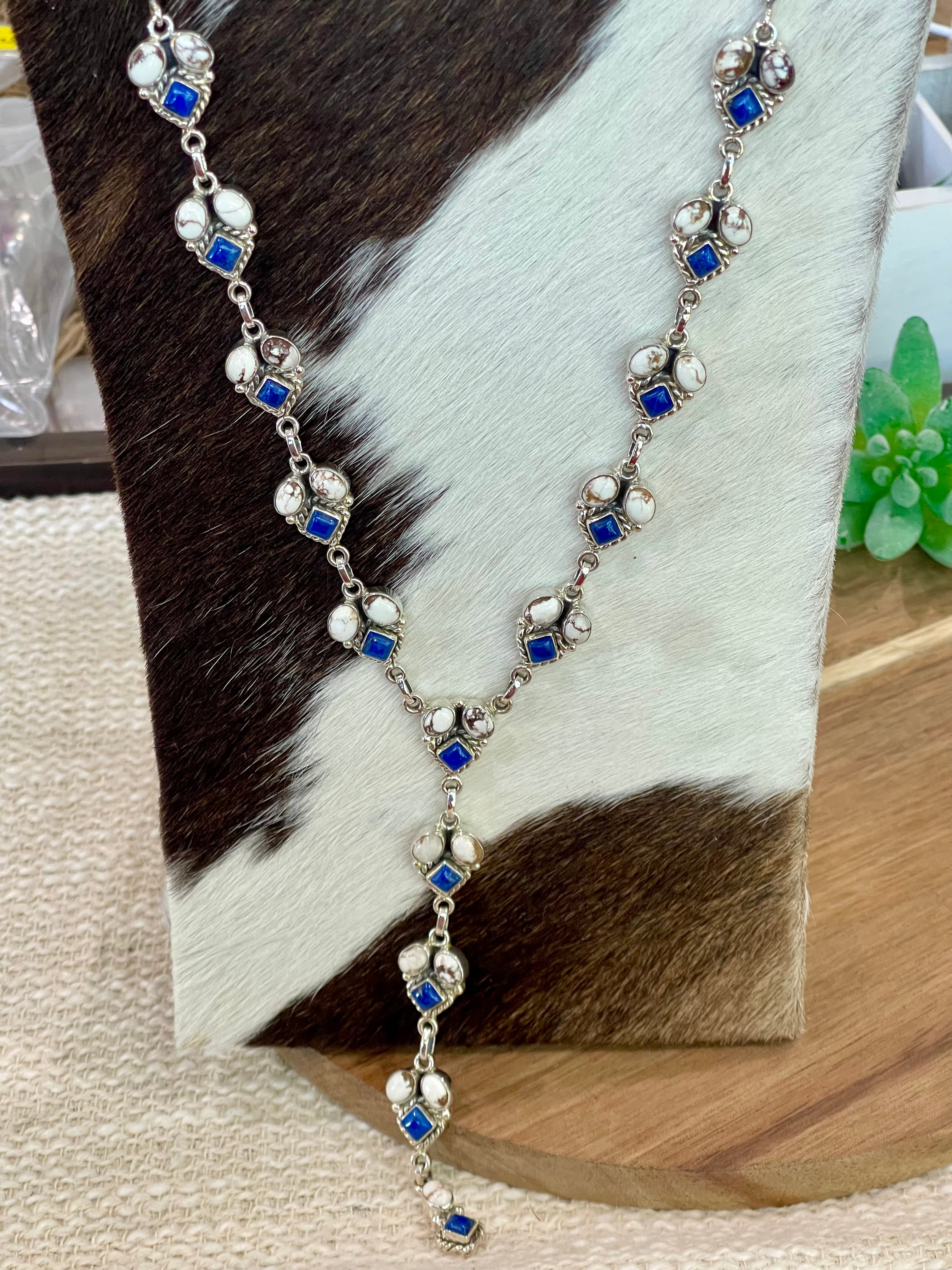 Handmade Sterling Silver Wild Horse with Lapis Lariat Necklace, Signed Nizhoni