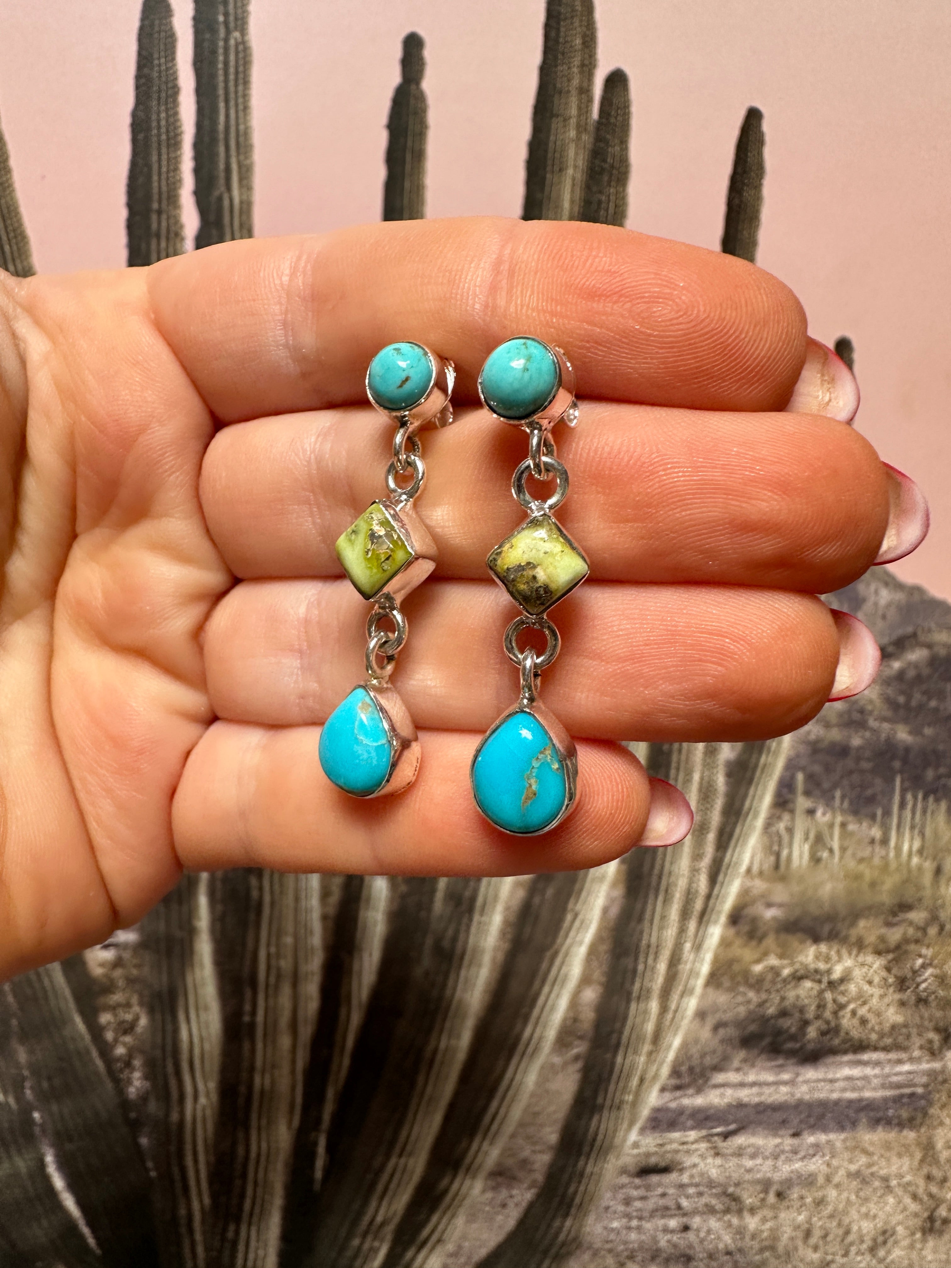 Handmade 3 Stone Palomino Turquoise, Kingman Turquoise and Sterling Silver Dangle Earrings