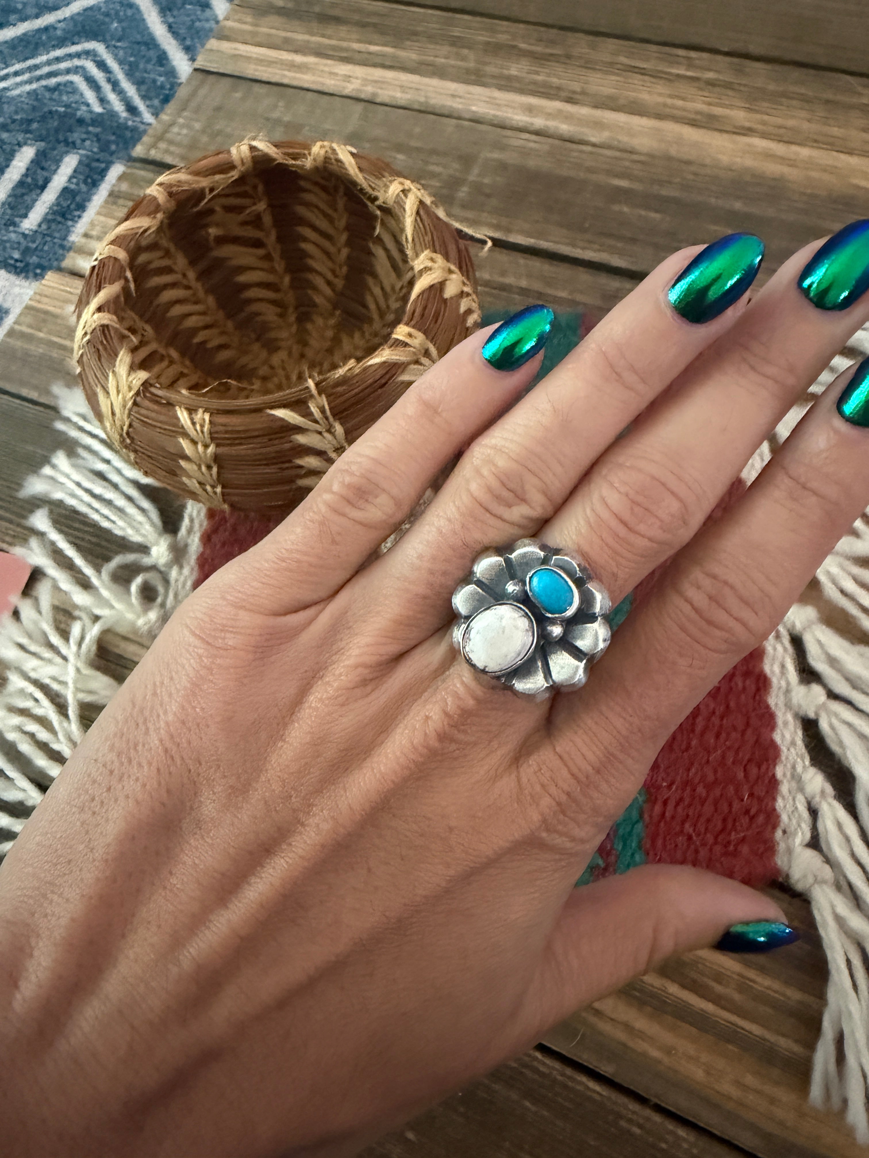 Handcrafted White Buffalo, Turquoise and Sterling Silver Flower Ring size 6.25 by Chimney Butte