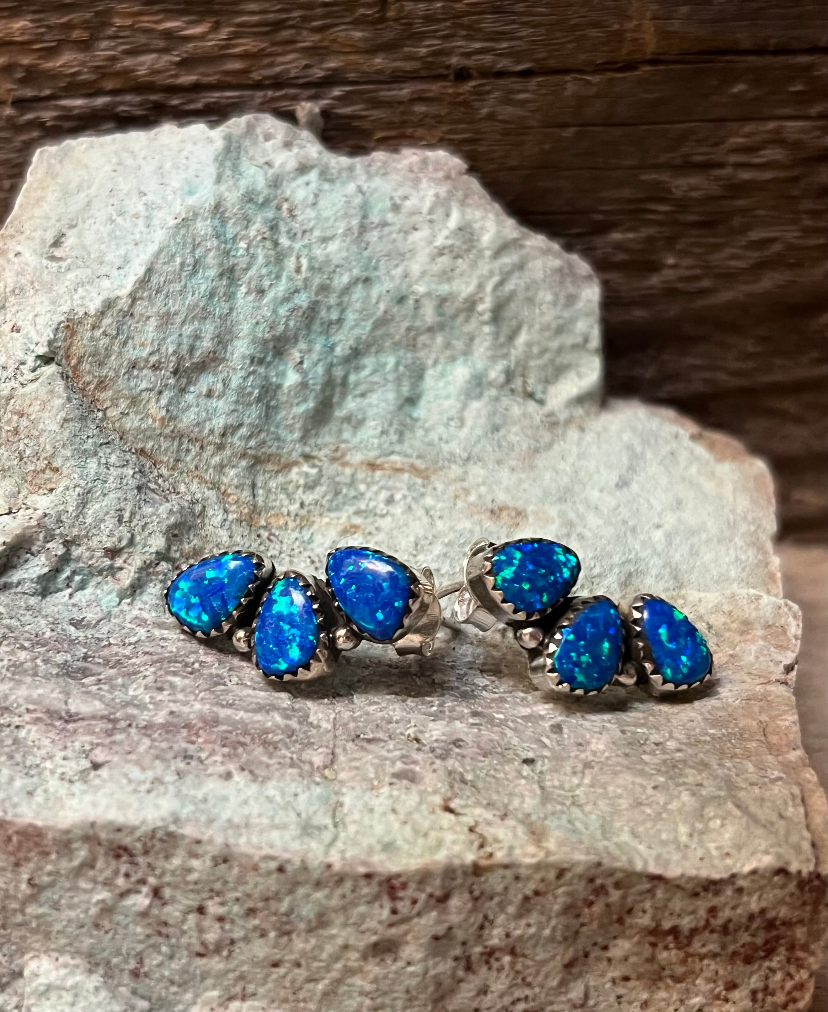 Handmade Blue Opal Tear Drop & Sterling Silver Stud Earrings