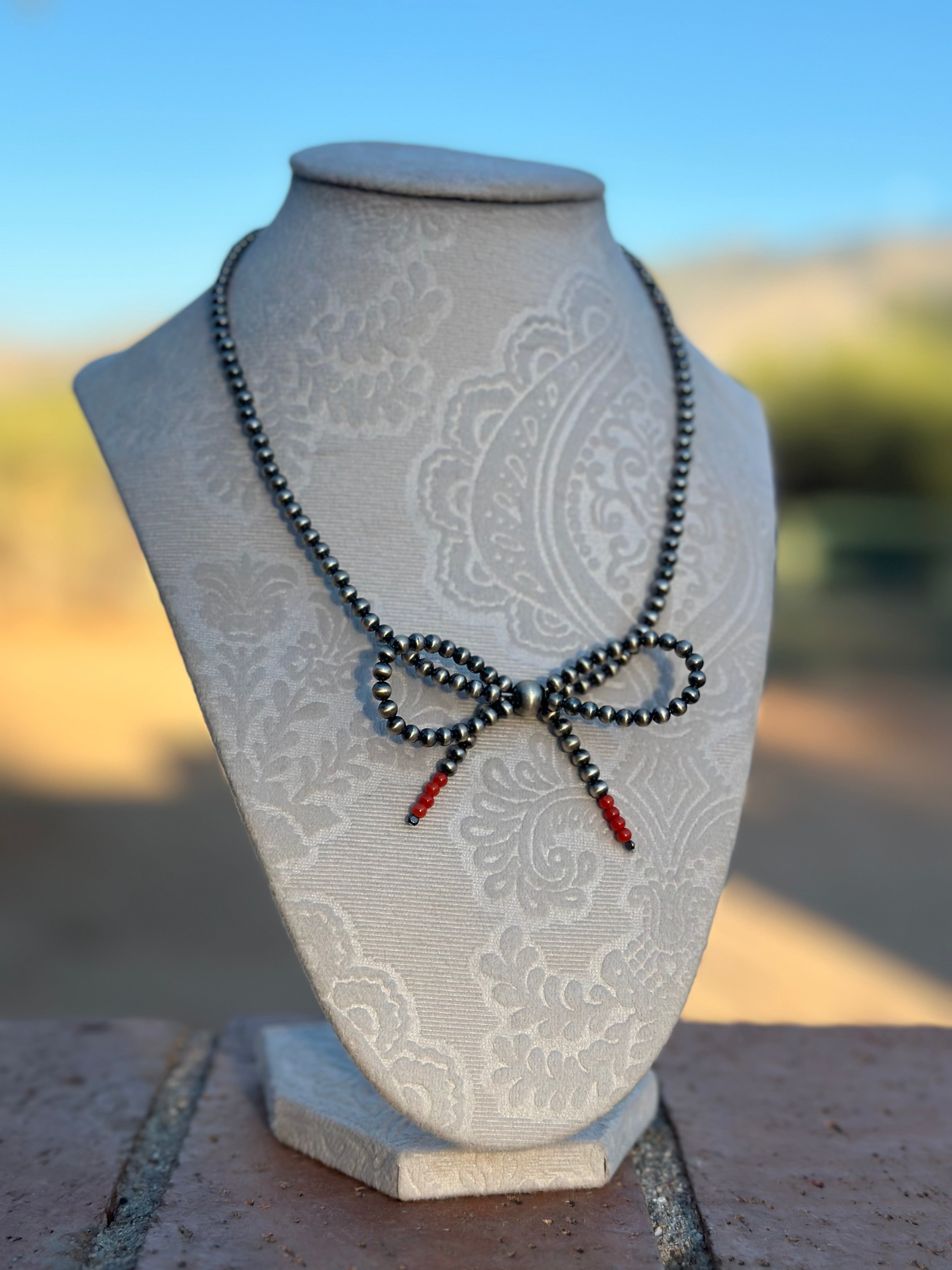 Sterling Silver & Coral Christmas Pearl Bow Tie Necklace 16-18 inches