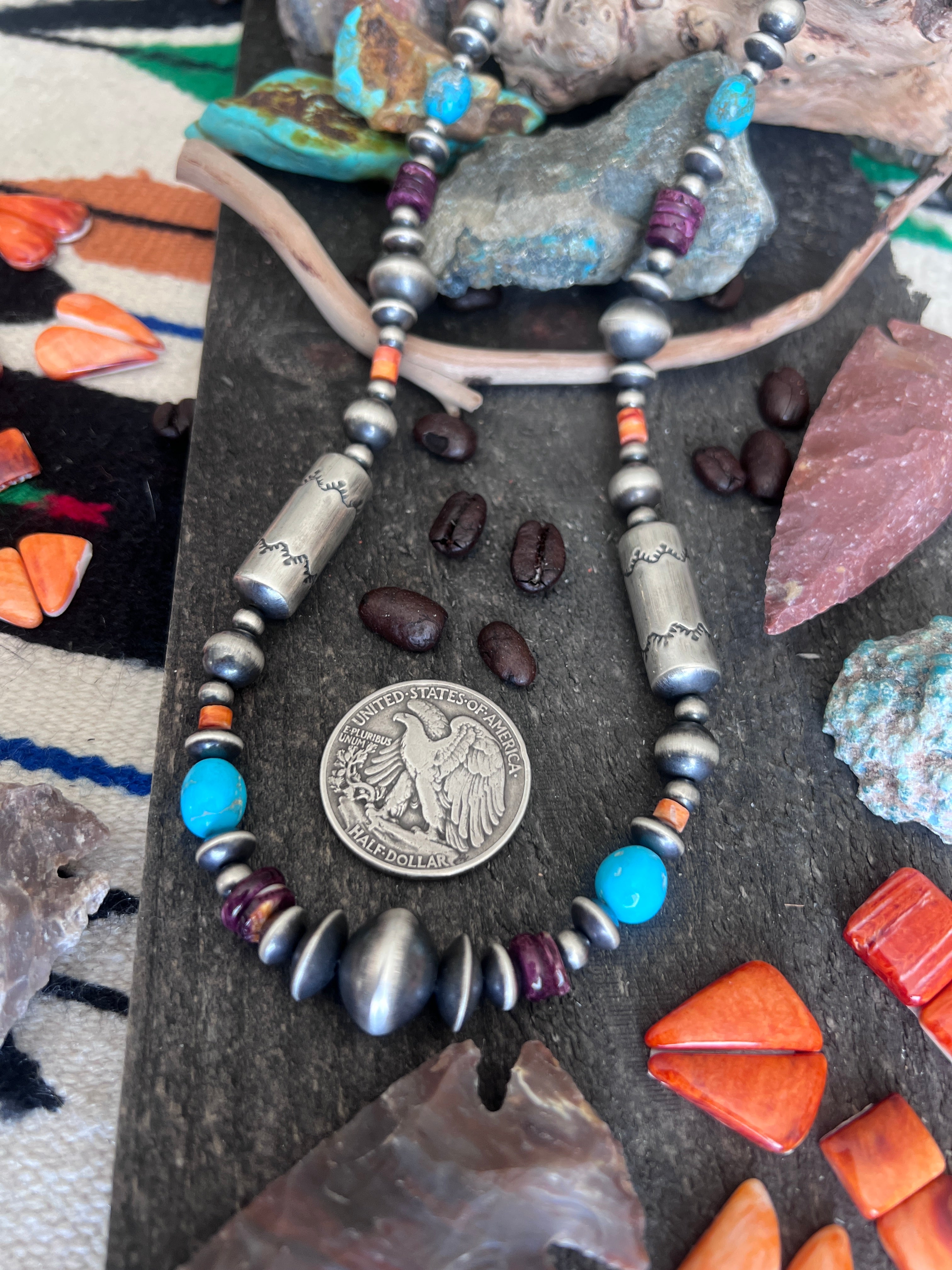 Rose Martin Electric Rainbow Sterling Silver, Turquoise and Spiny Oyster Single Strand Beaded Necklace, 24 + 1-1/2 inches